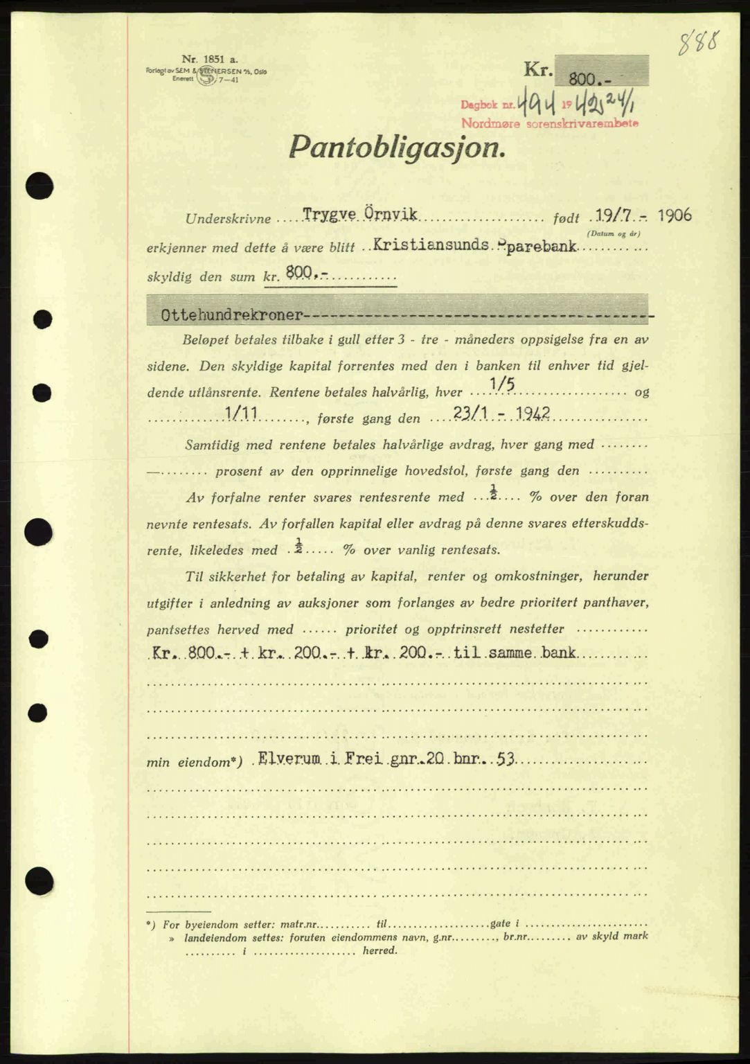 Nordmøre sorenskriveri, AV/SAT-A-4132/1/2/2Ca: Mortgage book no. B88, 1941-1942, Diary no: : 494/1942