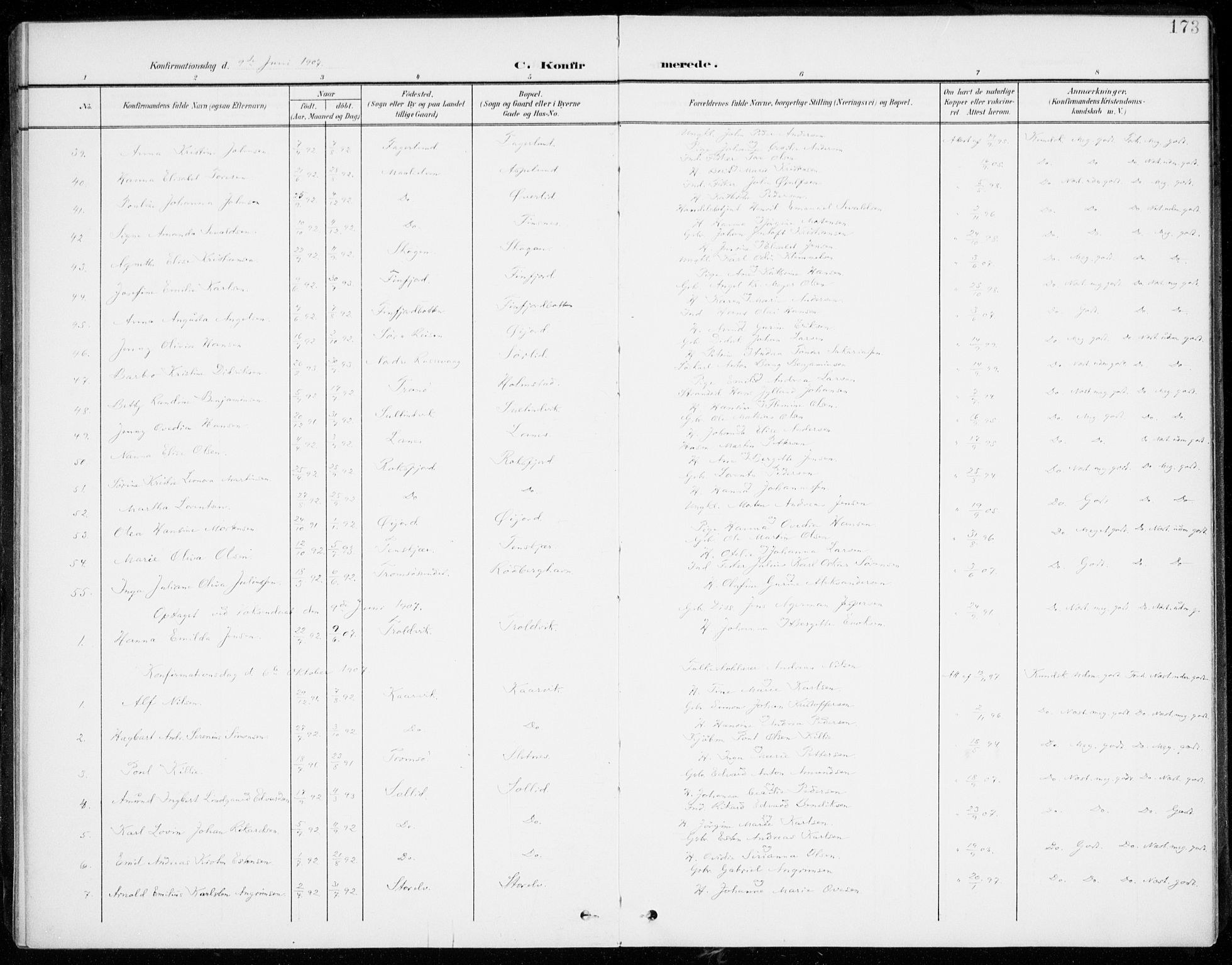 Lenvik sokneprestembete, AV/SATØ-S-1310/H/Ha/Haa/L0014kirke: Parish register (official) no. 14, 1899-1909, p. 173