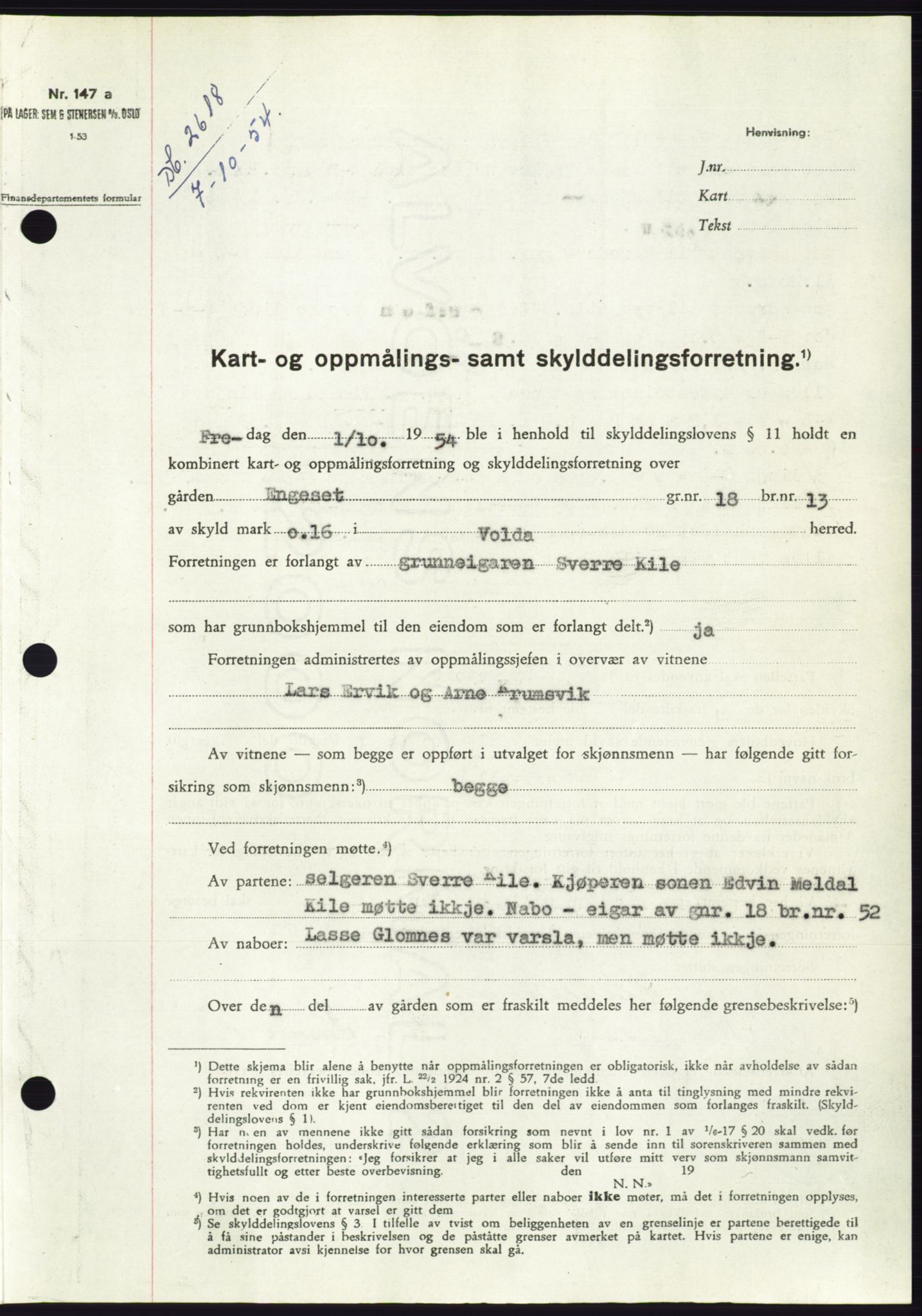 Søre Sunnmøre sorenskriveri, AV/SAT-A-4122/1/2/2C/L0099: Mortgage book no. 25A, 1954-1954, Diary no: : 2618/1954