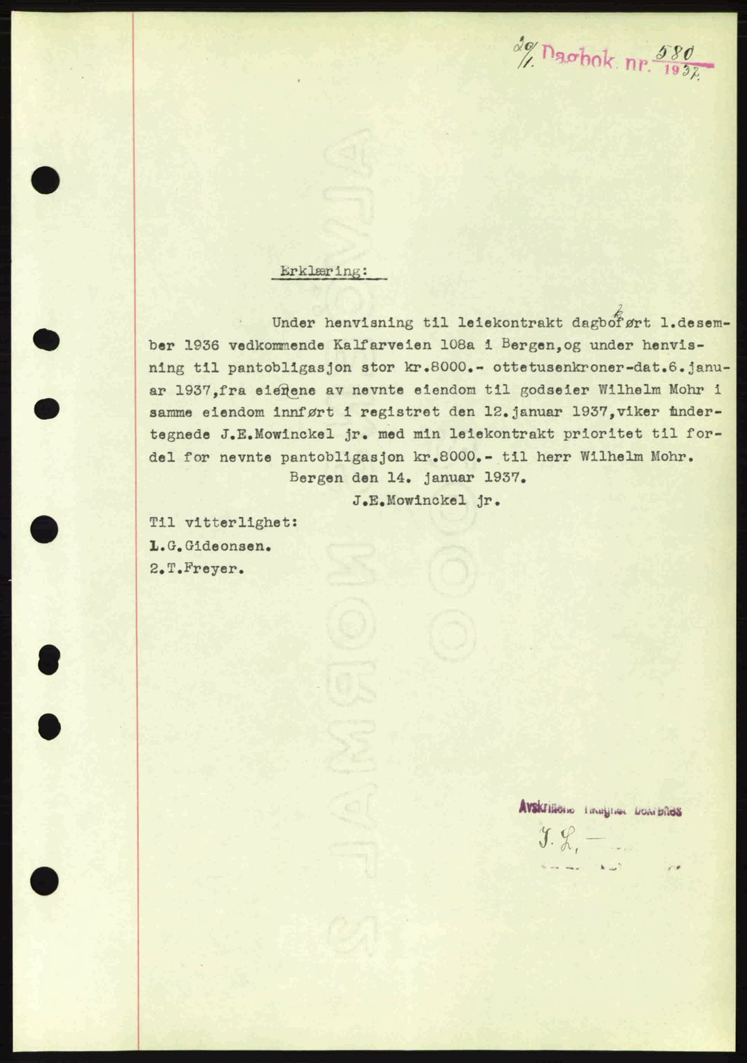 Byfogd og Byskriver i Bergen, SAB/A-3401/03/03Bc/L0004: Mortgage book no. A3-4, 1936-1937, Diary no: : 580/1937
