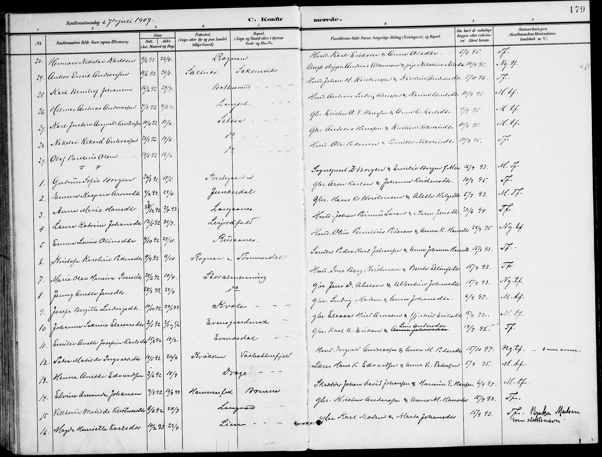 Ministerialprotokoller, klokkerbøker og fødselsregistre - Nordland, AV/SAT-A-1459/847/L0672: Parish register (official) no. 847A12, 1902-1919, p. 179