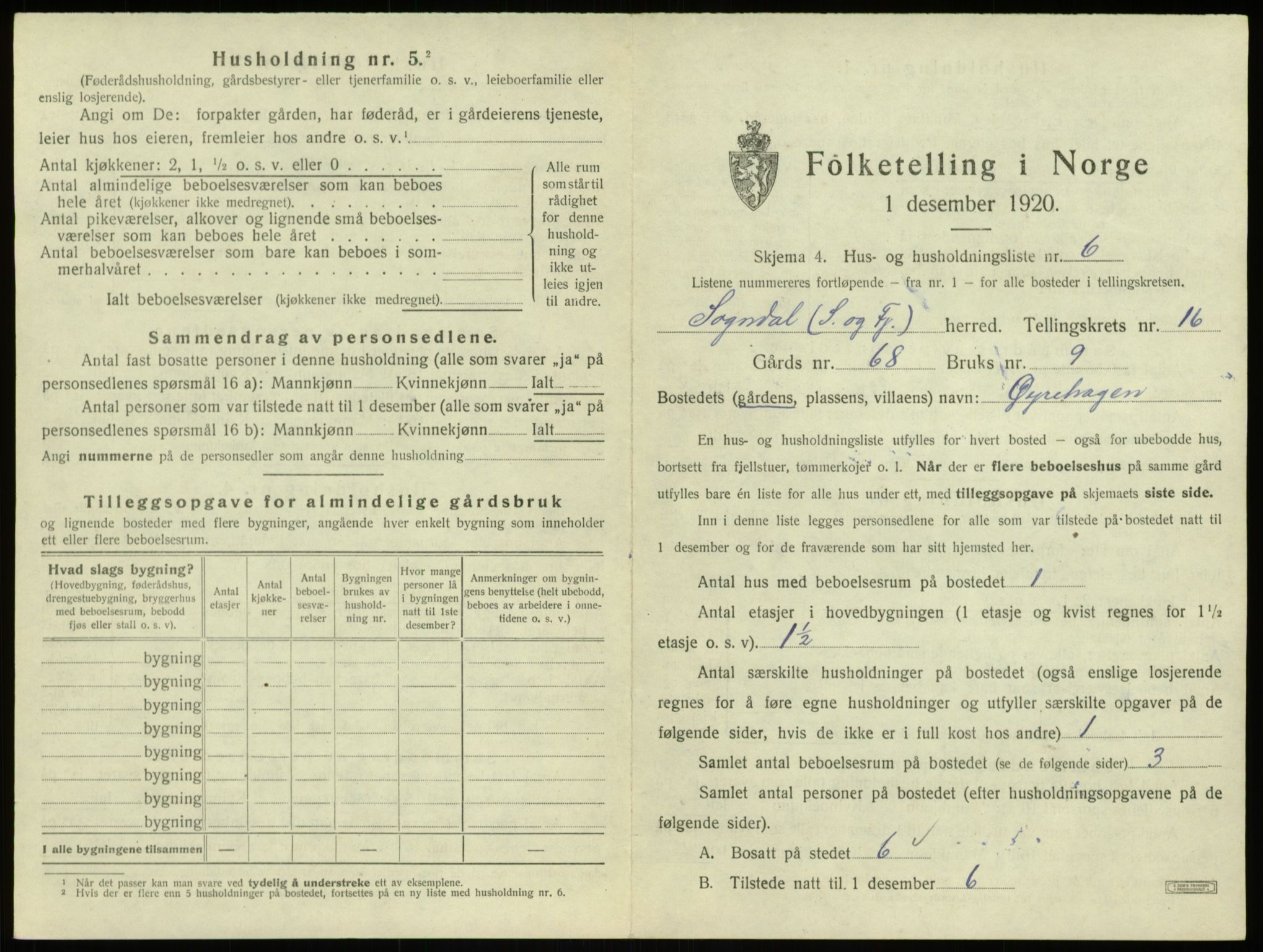 SAB, 1920 census for Sogndal, 1920, p. 864