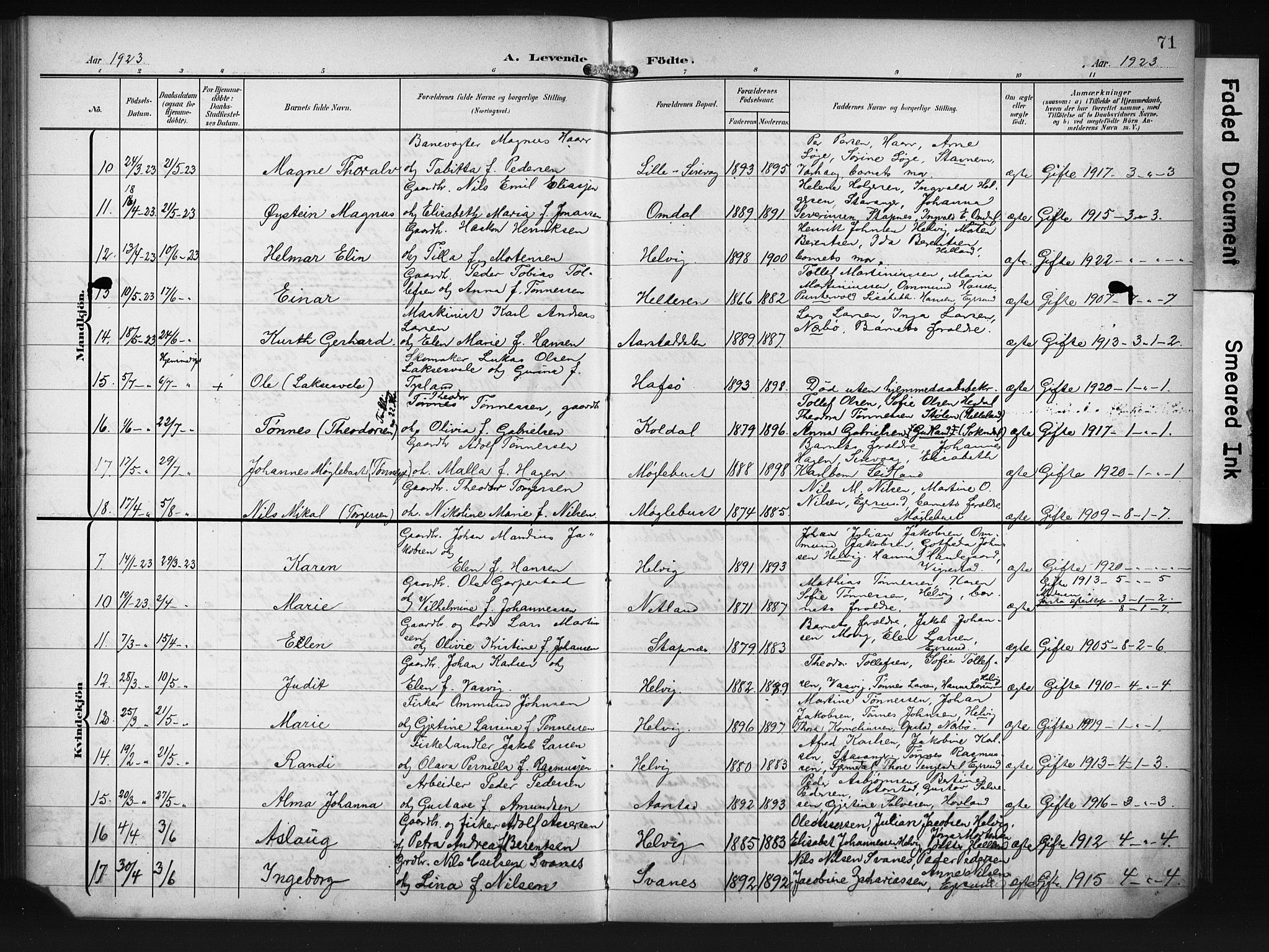 Eigersund sokneprestkontor, SAST/A-101807/S09/L0011: Parish register (copy) no. B 11, 1908-1930, p. 71