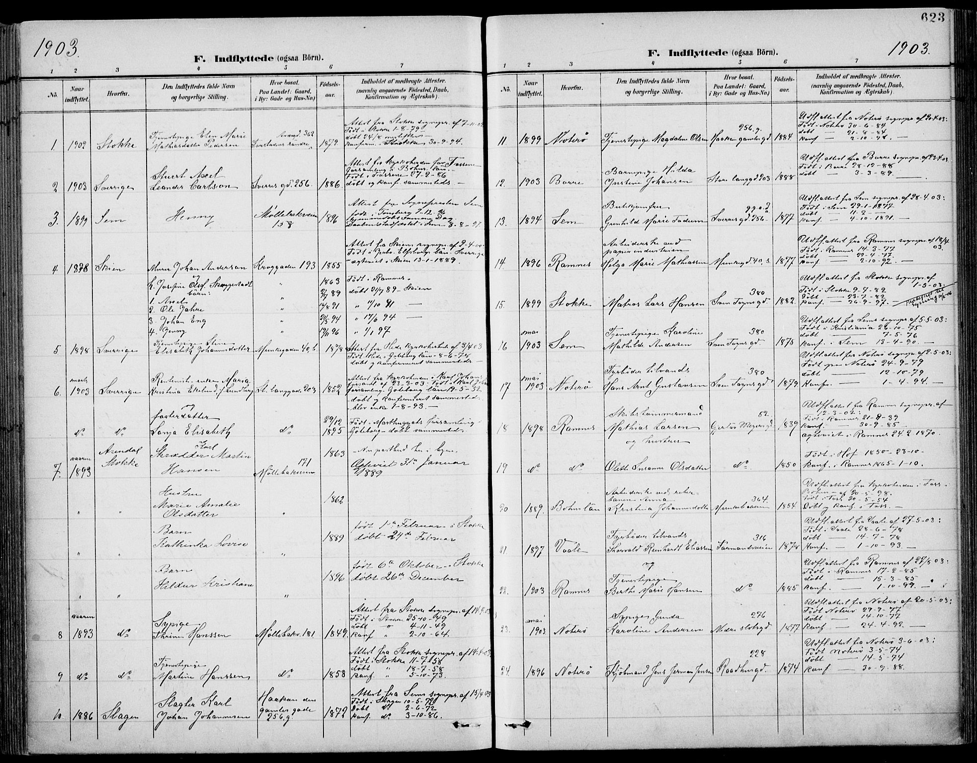 Tønsberg kirkebøker, AV/SAKO-A-330/F/Fa/L0013: Parish register (official) no. I 13, 1900-1913, p. 623