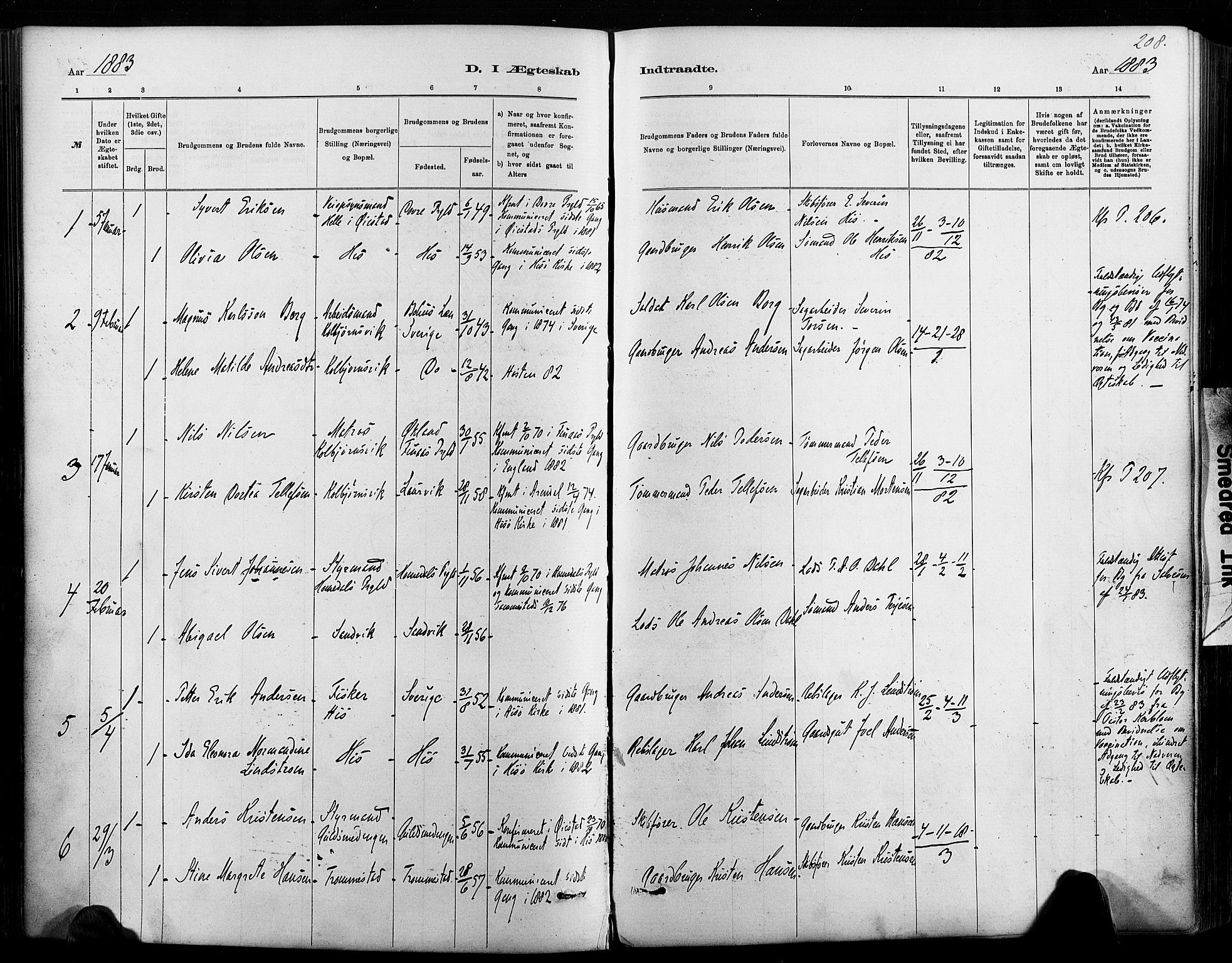 Hisøy sokneprestkontor, AV/SAK-1111-0020/F/Fa/L0003: Parish register (official) no. A 3, 1881-1894, p. 208