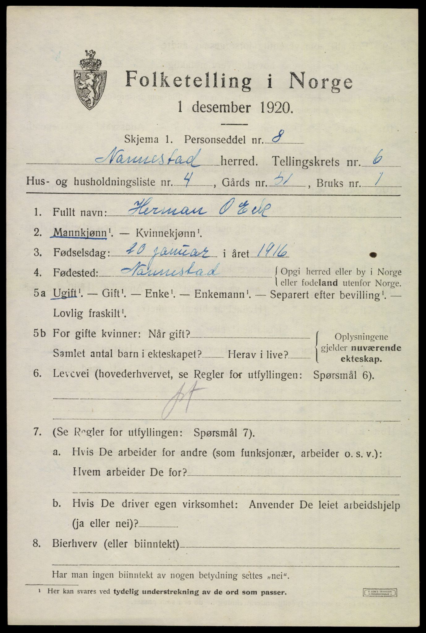 SAO, 1920 census for Nannestad, 1920, p. 7608