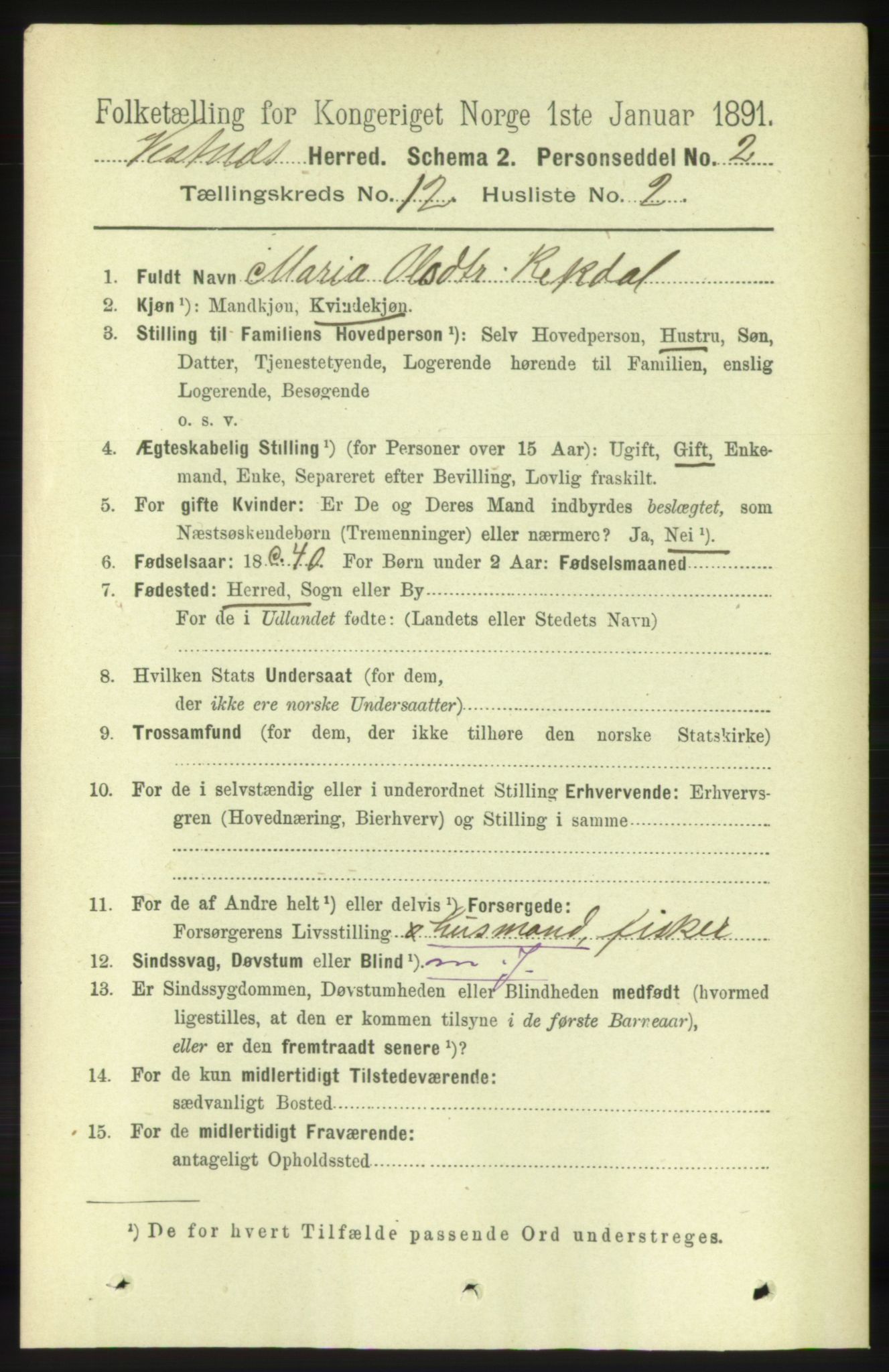 RA, 1891 census for 1535 Vestnes, 1891, p. 4424