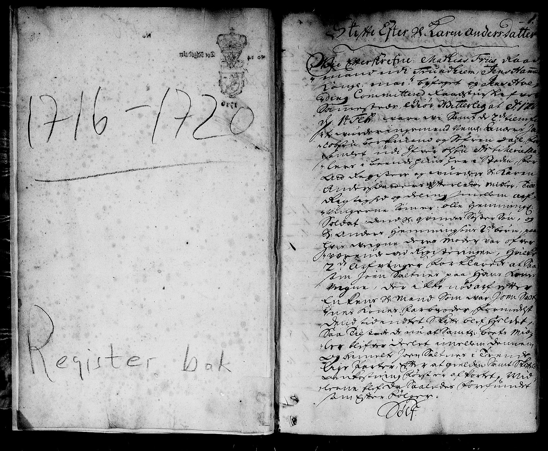 Trondheim byfogd, AV/SAT-A-0003/1/3/3A/L0007: Skifteprotokoll - gml.nr.7. (m/ register), 1716-1720, p. 0b-1a