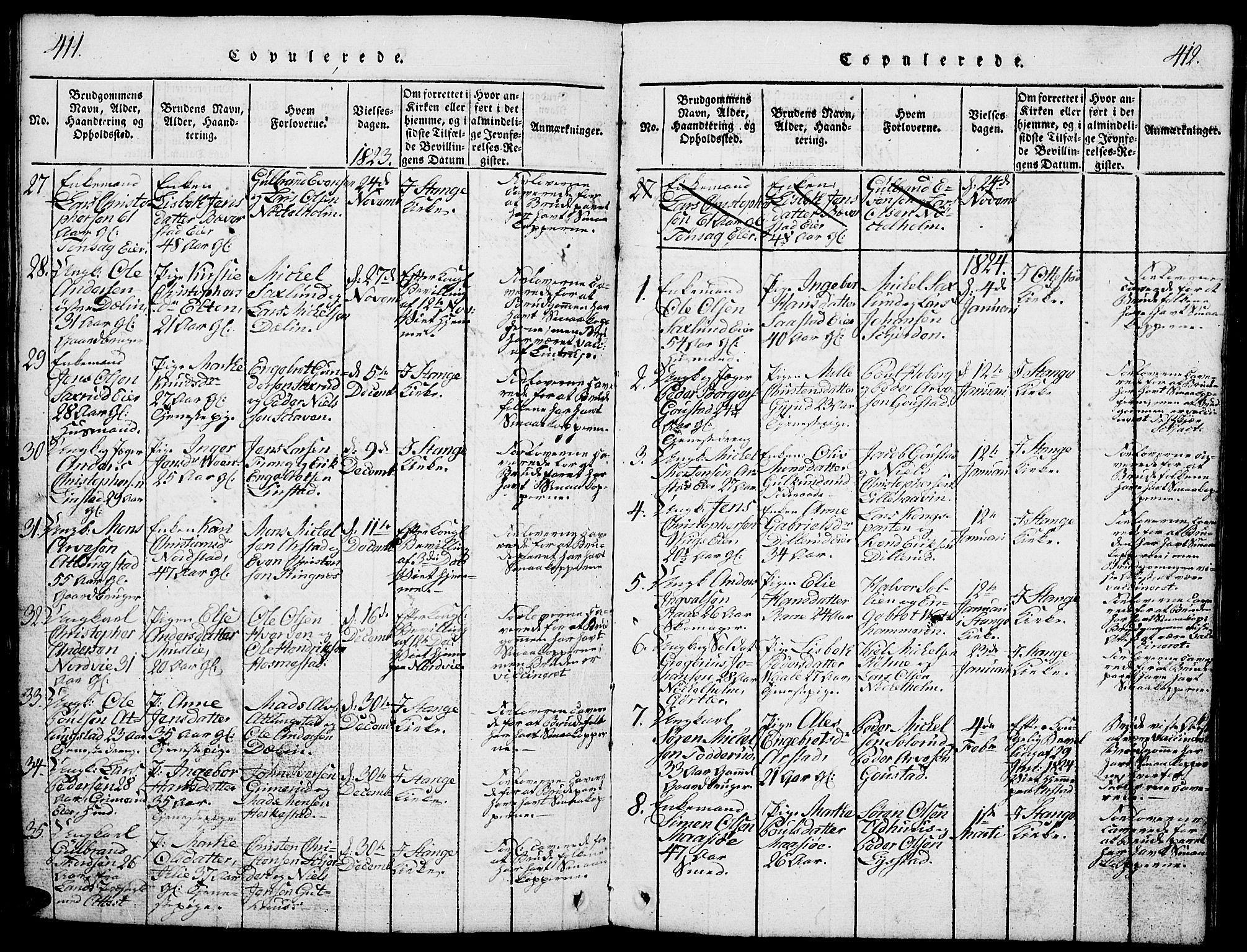 Stange prestekontor, SAH/PREST-002/L/L0001: Parish register (copy) no. 1, 1814-1825, p. 411-412