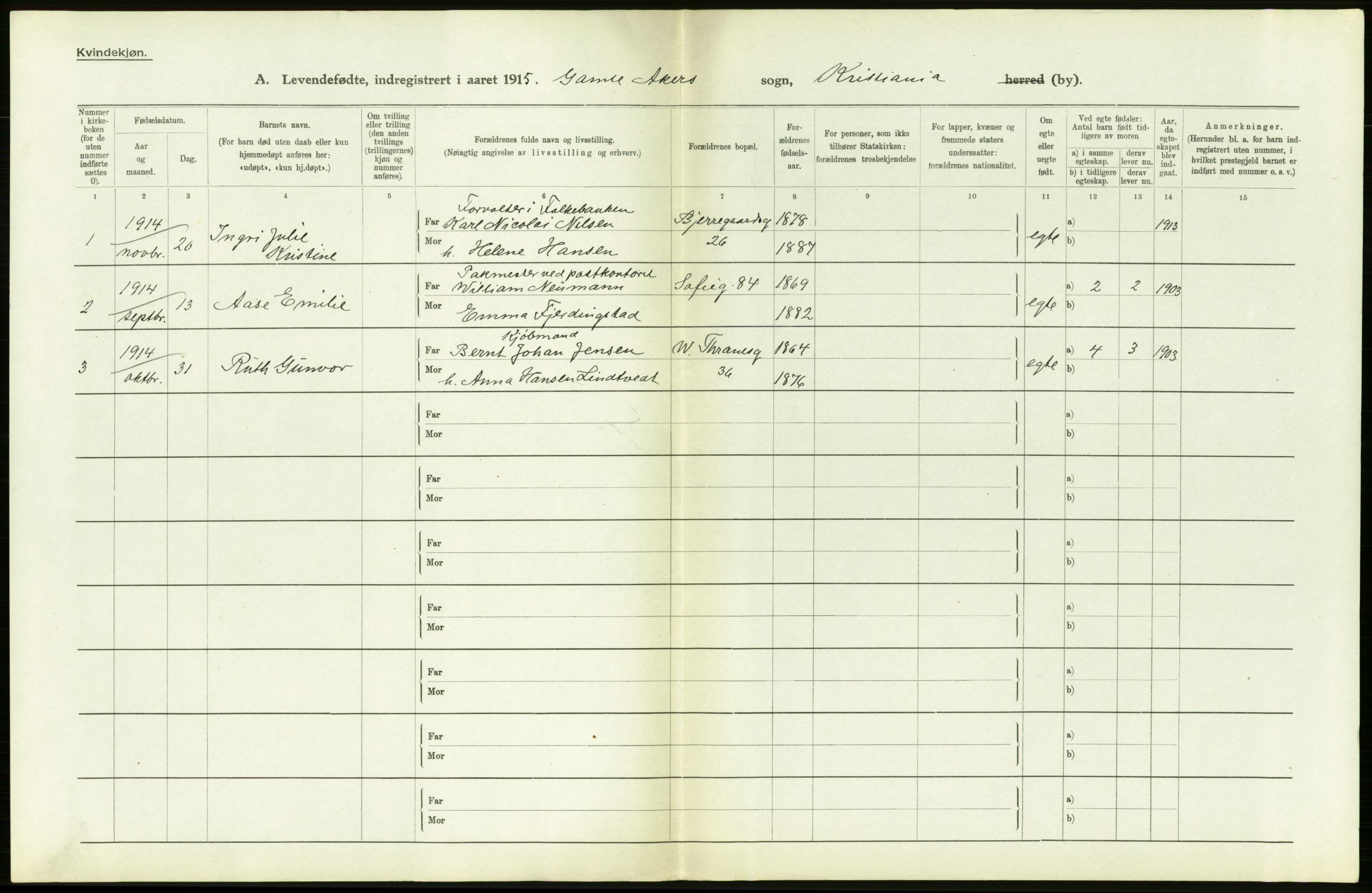 Statistisk sentralbyrå, Sosiodemografiske emner, Befolkning, RA/S-2228/D/Df/Dfb/Dfbe/L0007: Kristiania: Levendefødte menn og kvinner., 1915, p. 374