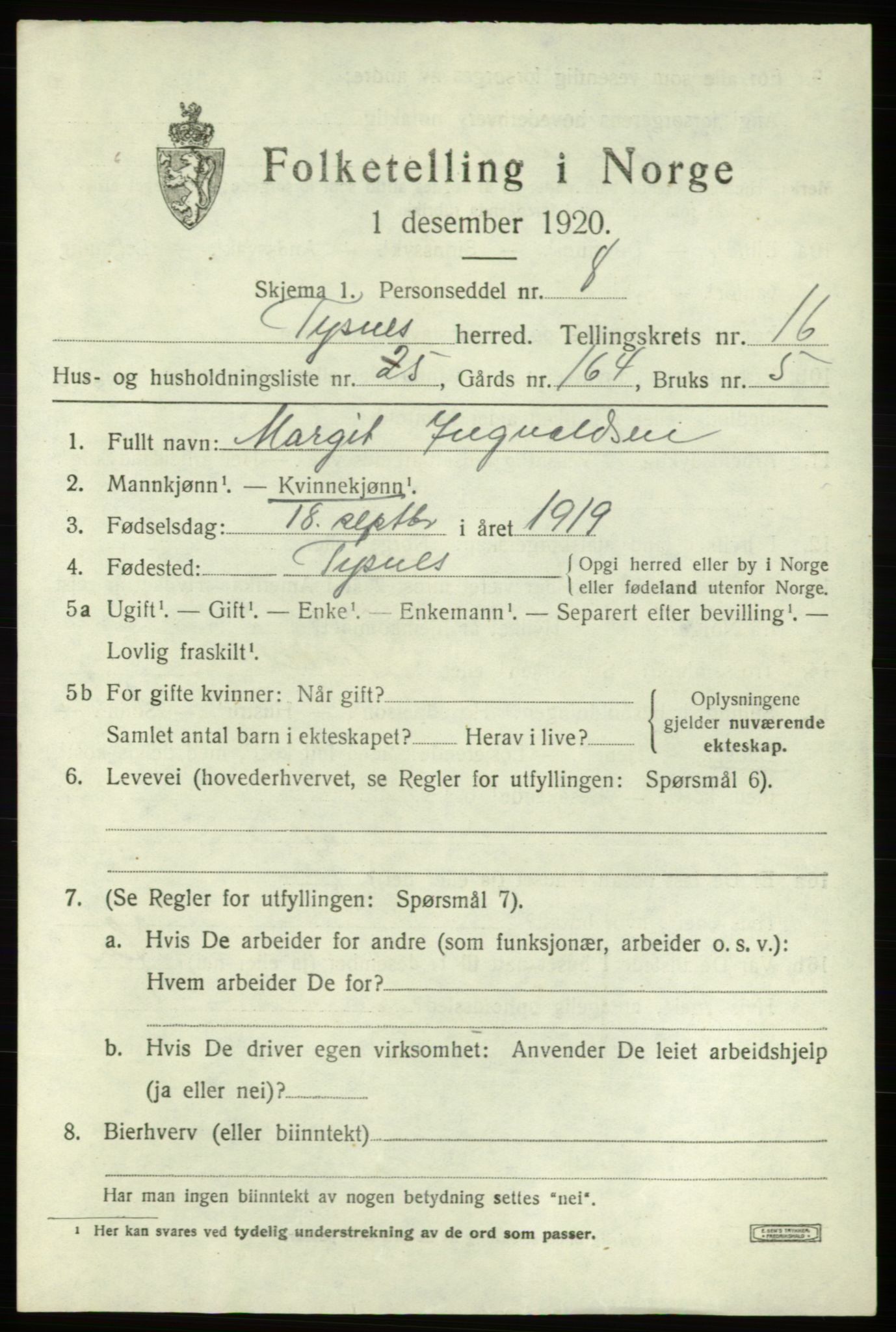 SAB, 1920 census for Tysnes, 1920, p. 10424