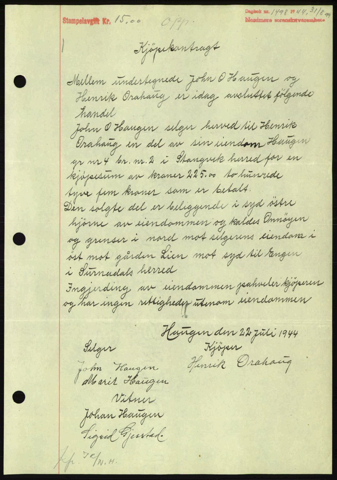 Nordmøre sorenskriveri, AV/SAT-A-4132/1/2/2Ca: Mortgage book no. B92, 1944-1945, Diary no: : 1498/1944