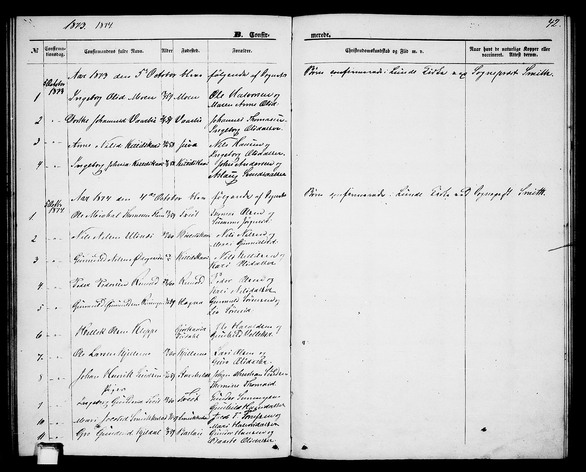 Lunde kirkebøker, SAKO/A-282/G/Gb/L0001: Parish register (copy) no. II 1, 1866-1887, p. 42