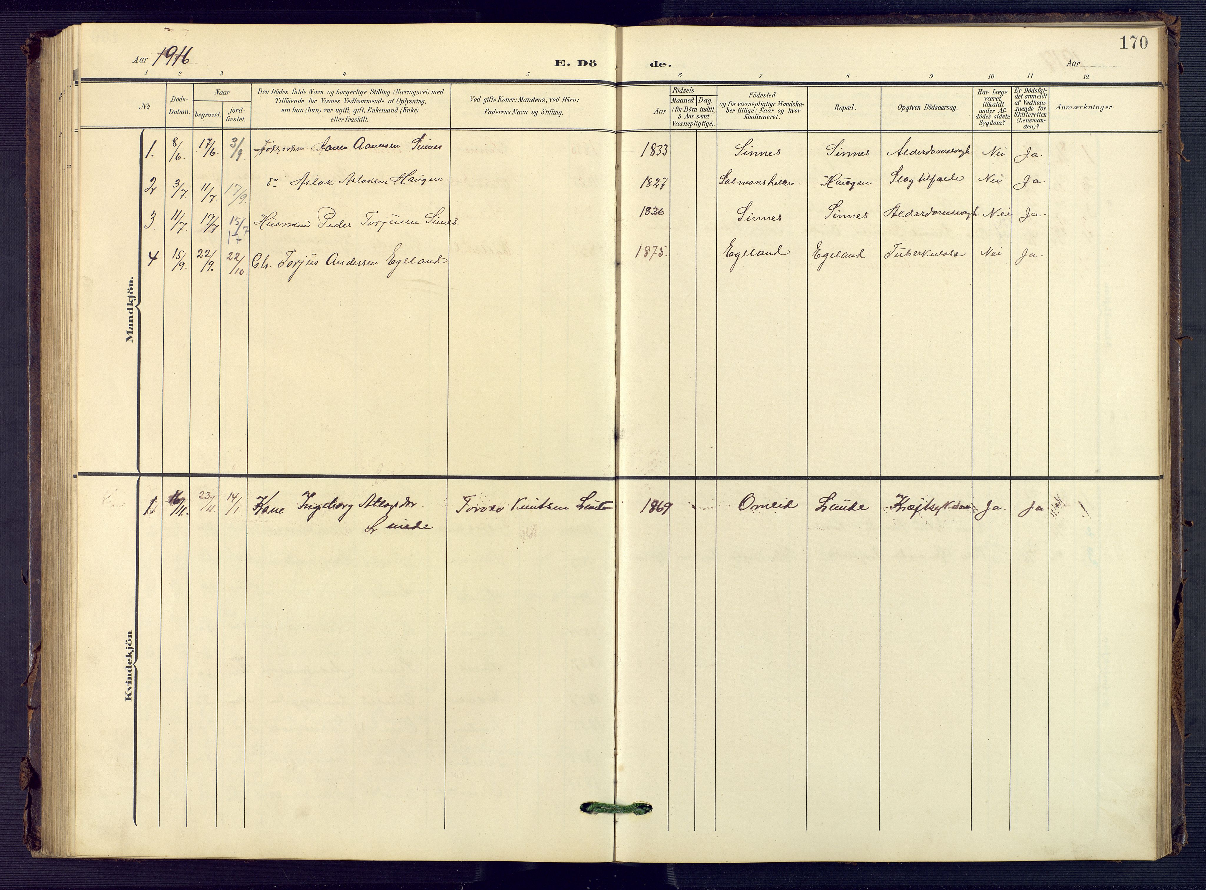 Sirdal sokneprestkontor, SAK/1111-0036/F/Fb/Fba/L0002: Parish register (copy) no. B 2, 1905-1958, p. 170