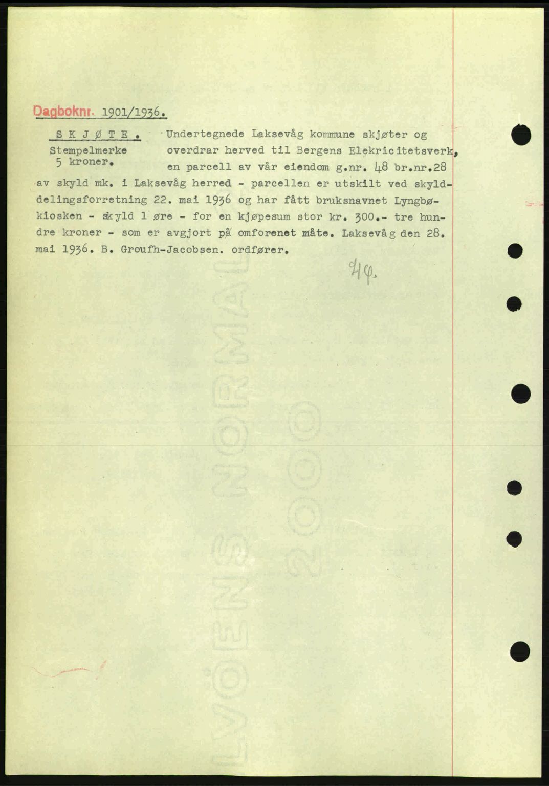Midhordland sorenskriveri, SAB/A-3001/1/G/Gb/Gbk/L0001: Mortgage book no. A1-6, 1936-1937, Diary no: : 1899/1936
