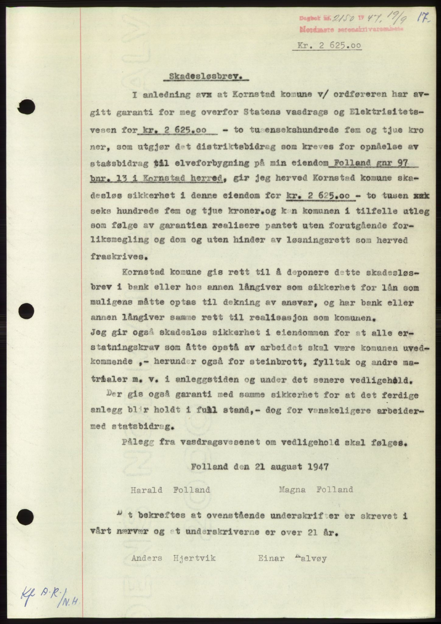 Nordmøre sorenskriveri, AV/SAT-A-4132/1/2/2Ca: Mortgage book no. B97, 1947-1948, Diary no: : 2150/1947