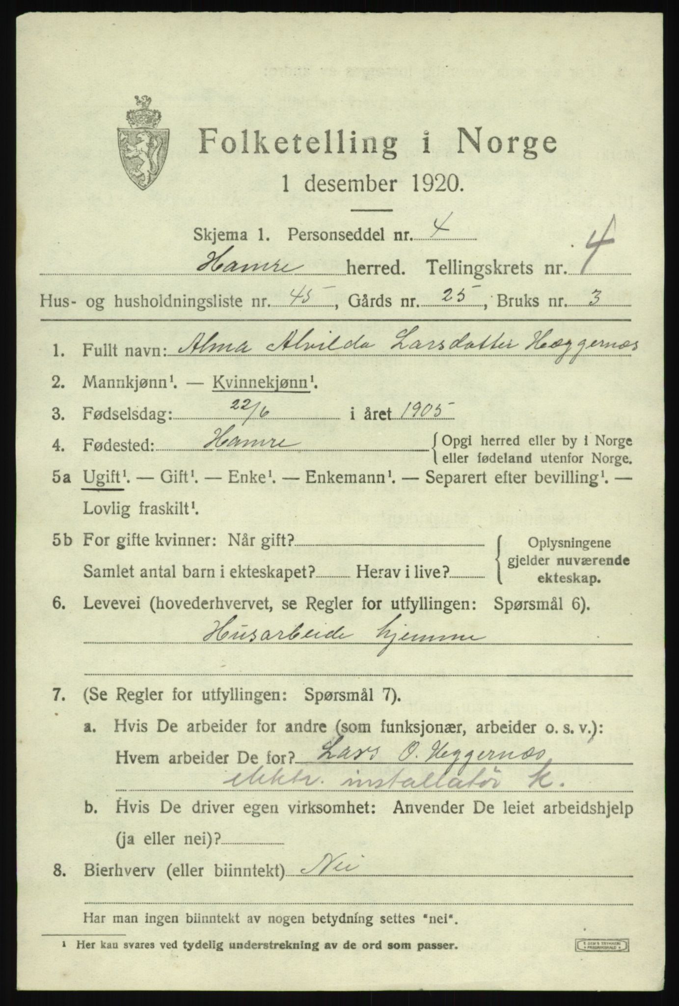 SAB, 1920 census for Hamre, 1920, p. 2857