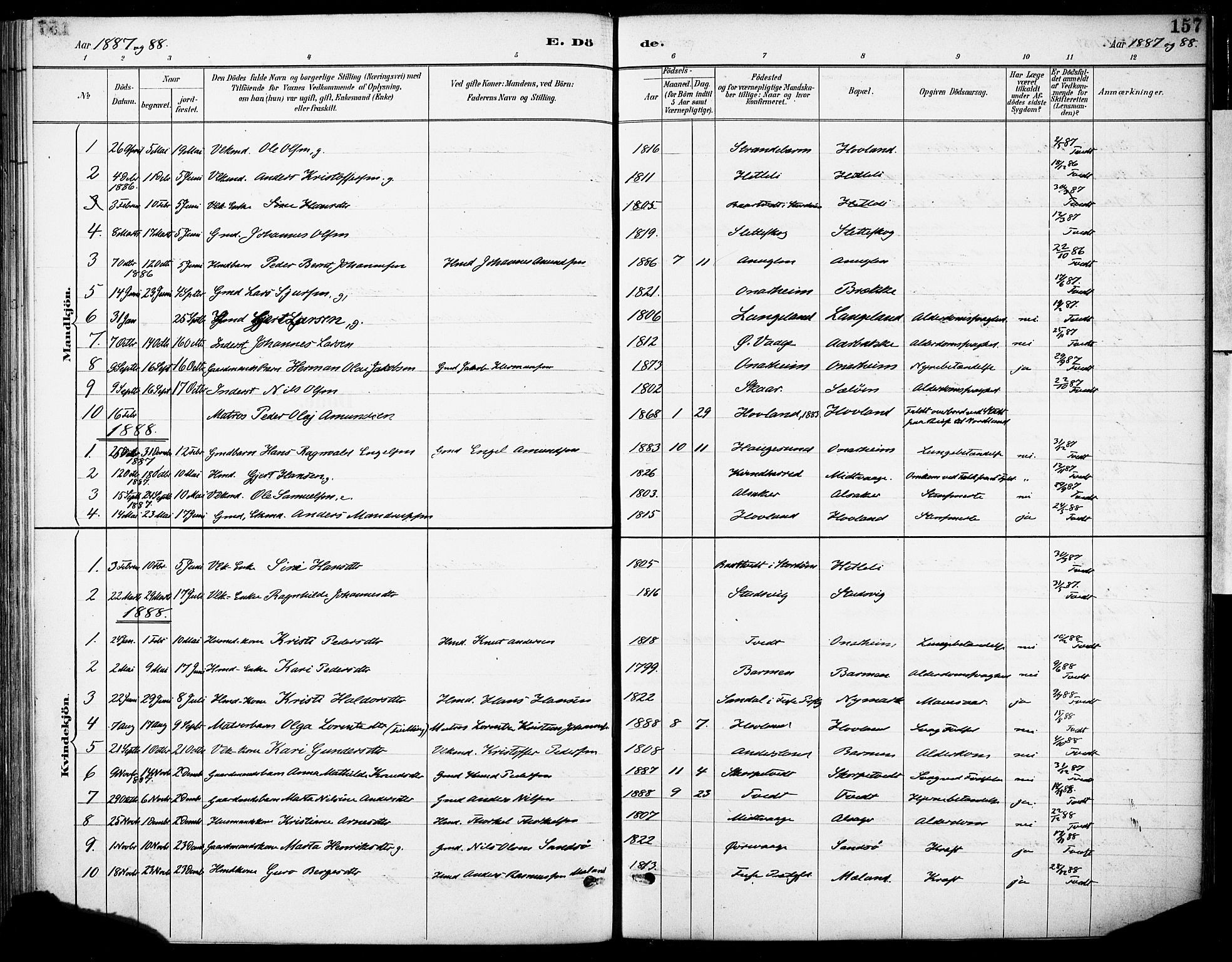 Tysnes sokneprestembete, SAB/A-78601/H/Haa: Parish register (official) no. C 1, 1887-1912, p. 157