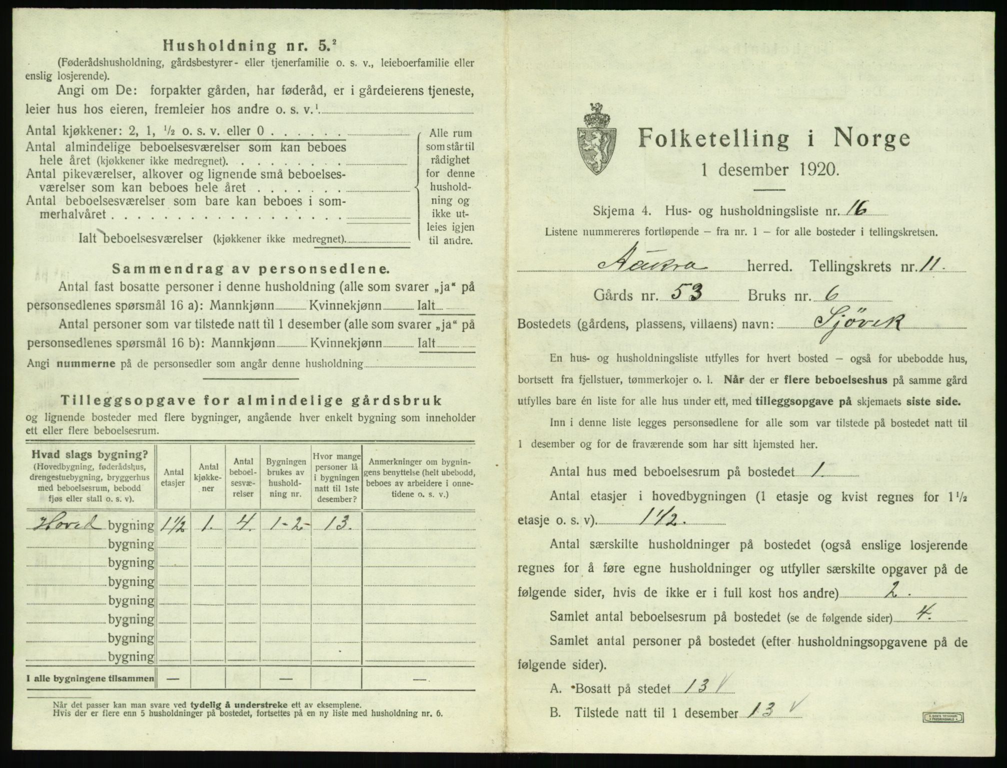 SAT, 1920 census for Aukra, 1920, p. 725