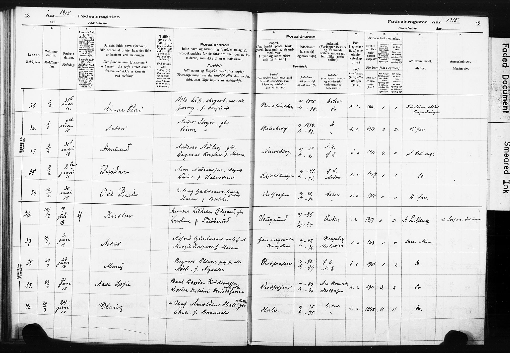 Eiker kirkebøker, AV/SAKO-A-4/J/Ja/L0001: Birth register no. I 1, 1916-1927, p. 43