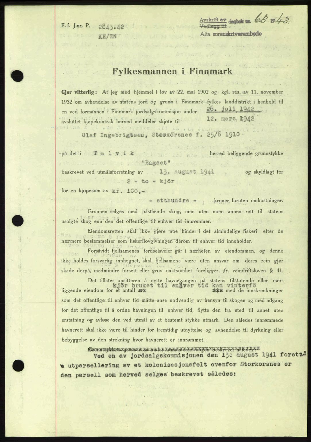 Alta fogderi/sorenskriveri, SATØ/SATØ-5/1/K/Kd/L0033pantebok: Mortgage book no. 33, 1940-1943, Diary no: : 63/1943