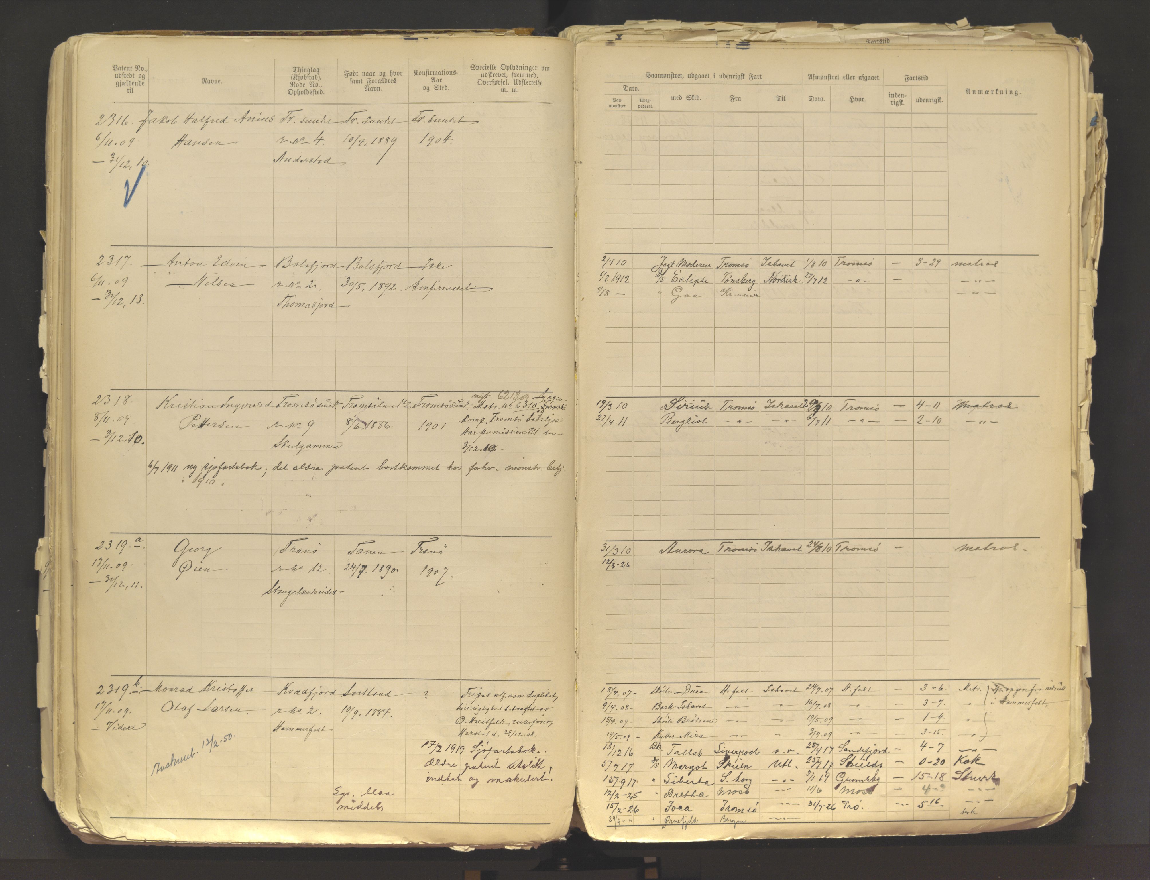 Tromsø sjømannskontor/innrullerings-/mønstringsdistrikt, AV/SATØ-S-0243/F/Fb/L0009: Annotasjonsrulle. Defekt: løse permer. Nr. 2075-3518, 1908-1916