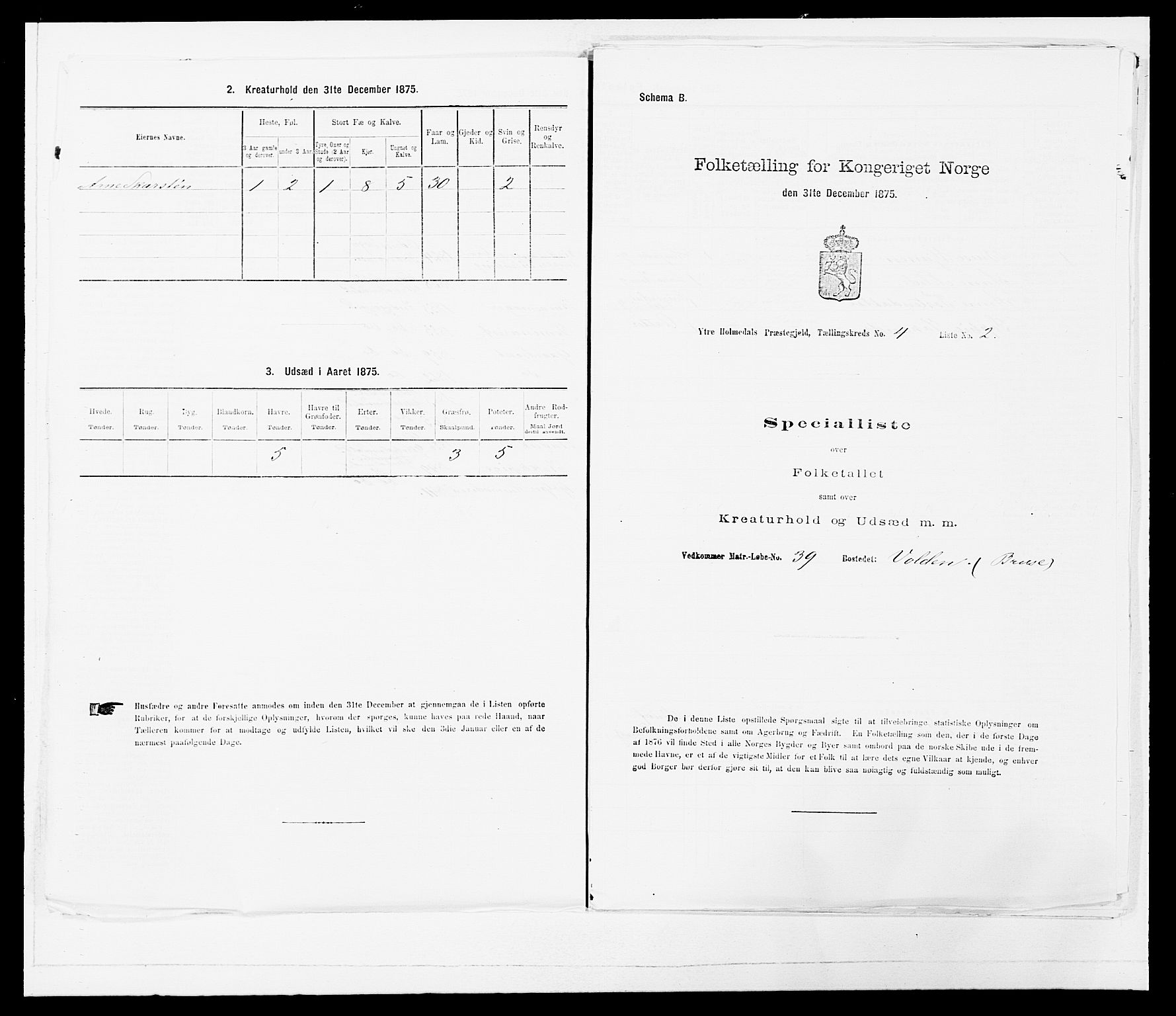 SAB, 1875 census for 1429P Ytre Holmedal, 1875, p. 272