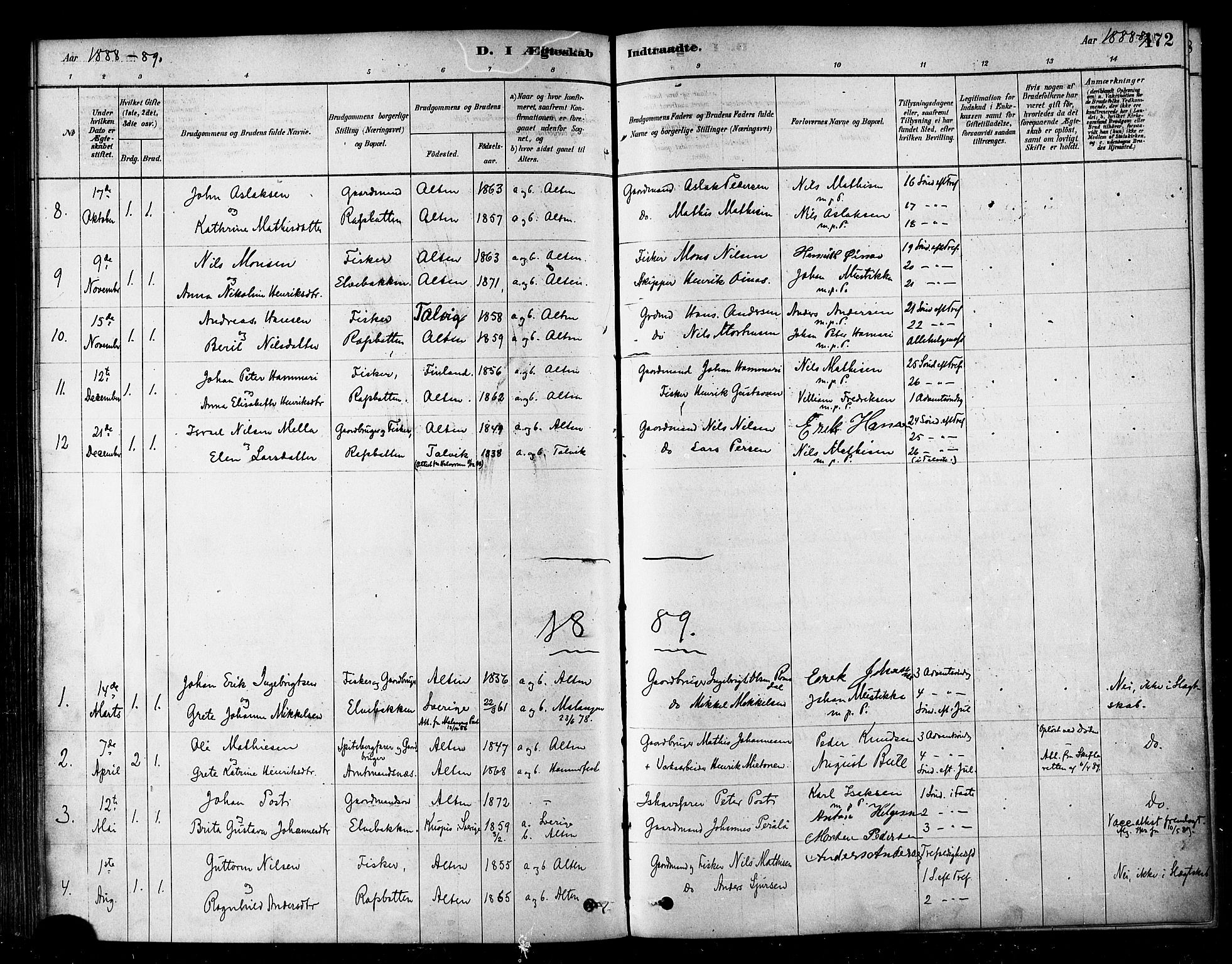 Alta sokneprestkontor, SATØ/S-1338/H/Ha/L0002.kirke: Parish register (official) no. 2, 1879-1892, p. 172