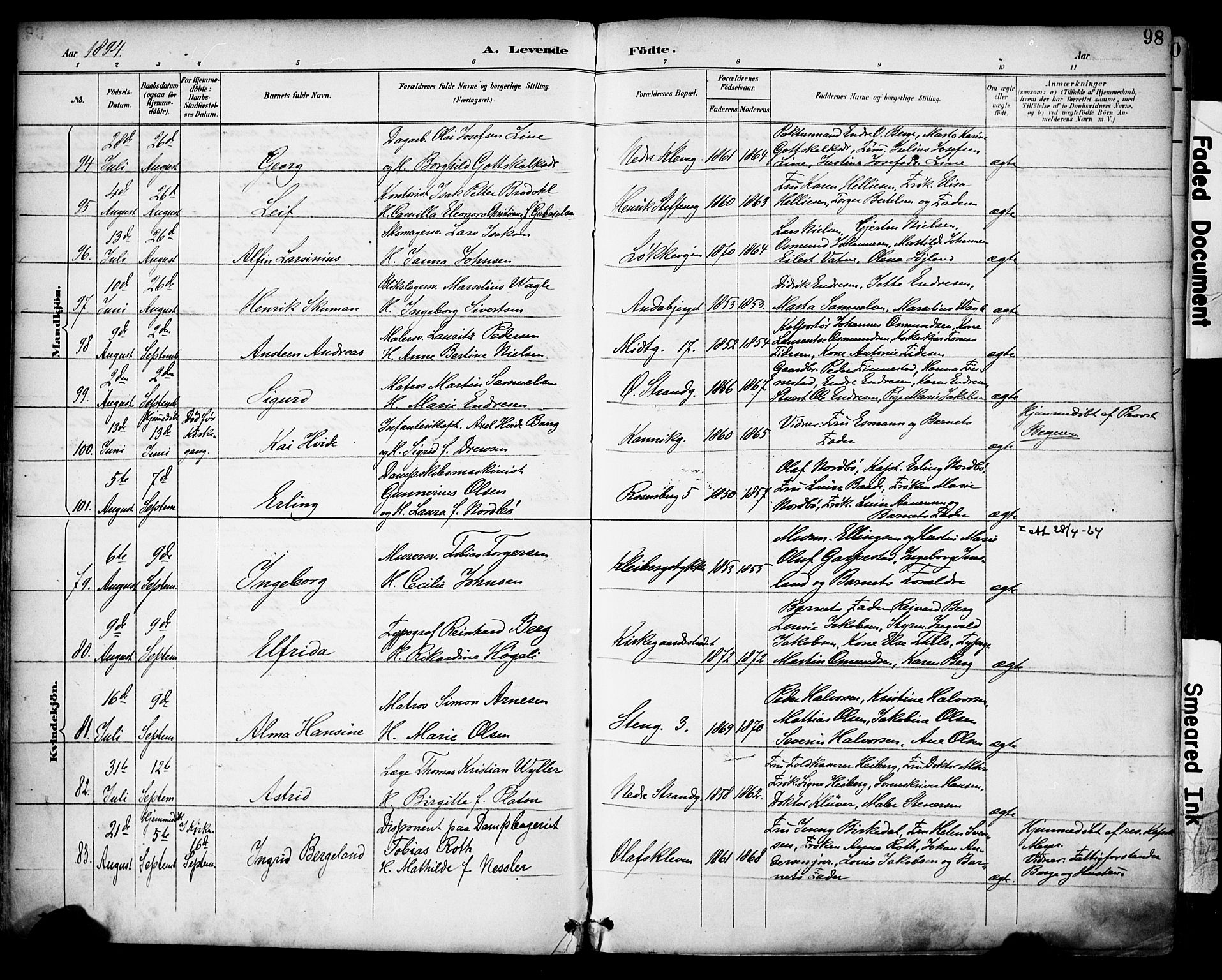 Domkirken sokneprestkontor, SAST/A-101812/001/30/30BA/L0030: Parish register (official) no. A 29, 1889-1902, p. 98
