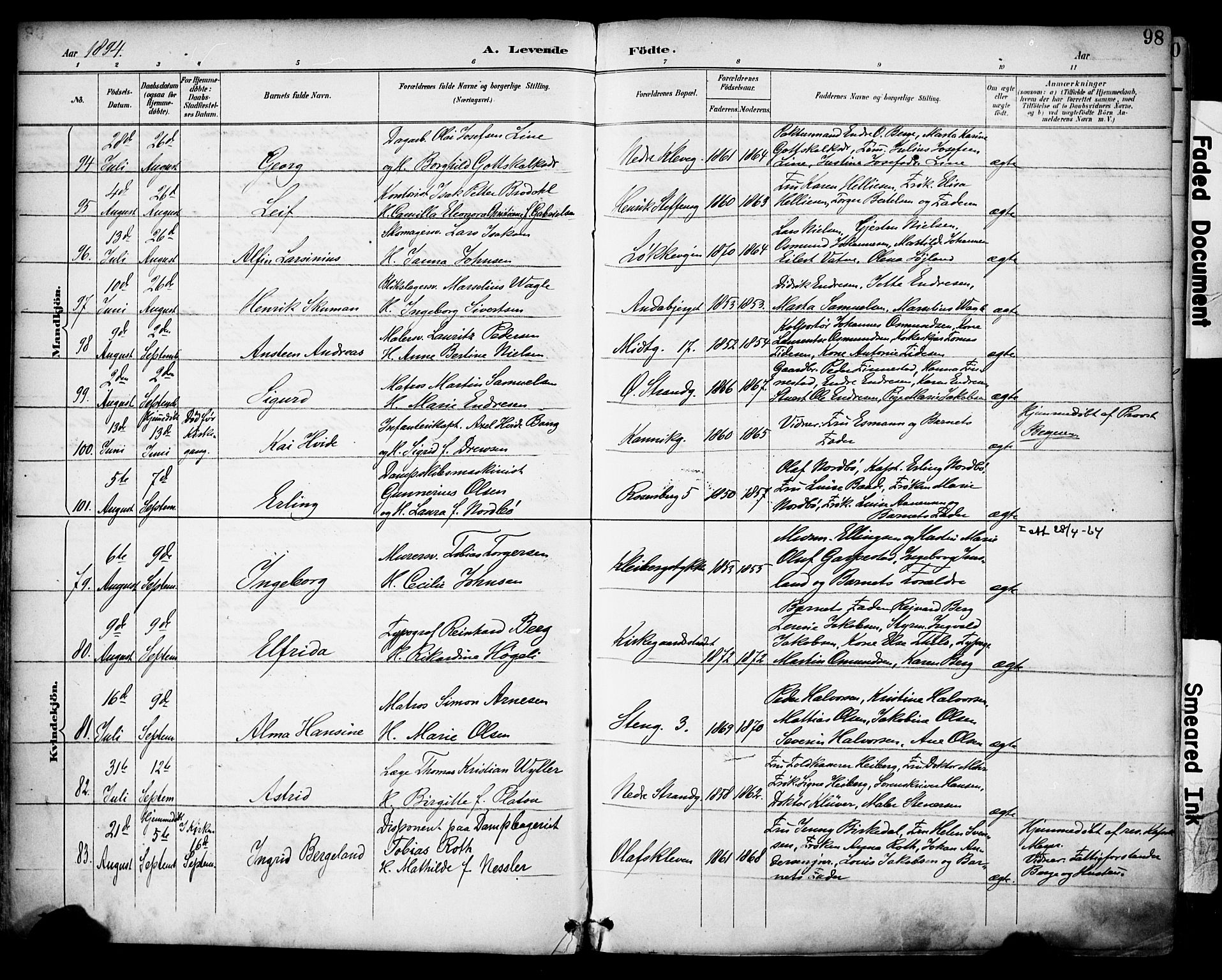 Domkirken sokneprestkontor, AV/SAST-A-101812/001/30/30BA/L0030: Parish register (official) no. A 29, 1889-1902, p. 98