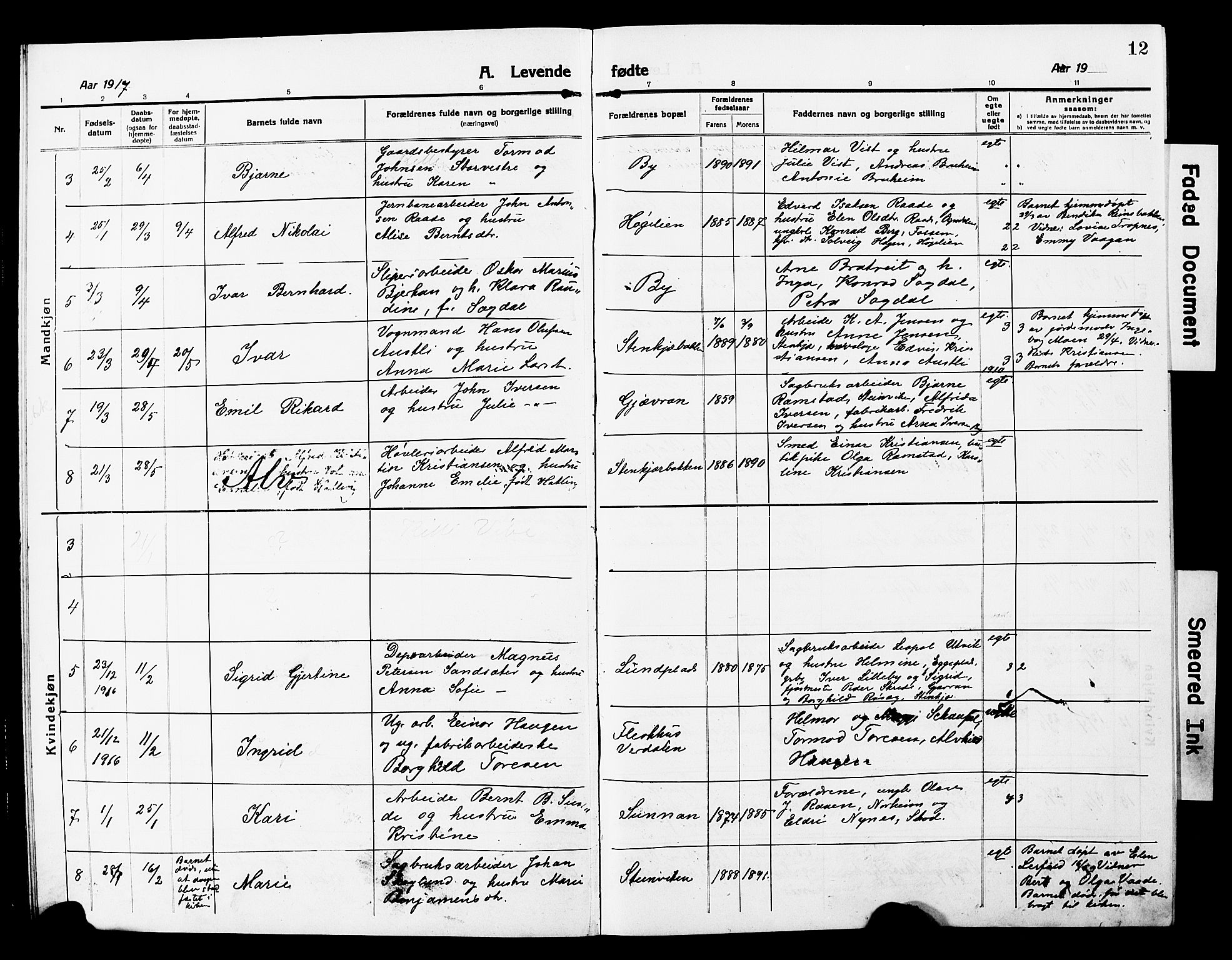 Ministerialprotokoller, klokkerbøker og fødselsregistre - Nord-Trøndelag, SAT/A-1458/740/L0382: Parish register (copy) no. 740C03, 1915-1927, p. 12