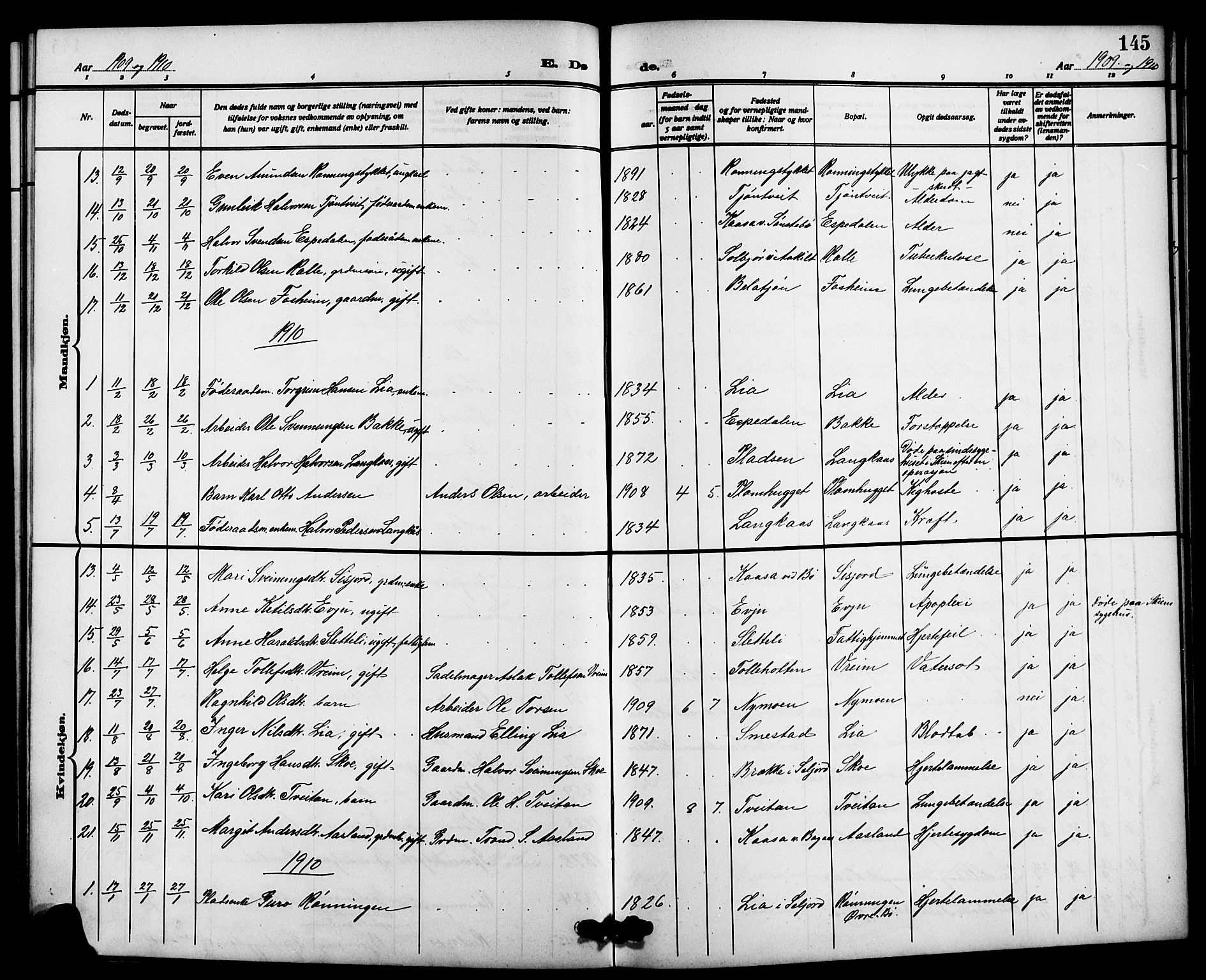 Bø kirkebøker, SAKO/A-257/G/Ga/L0007: Parish register (copy) no. 7, 1909-1924, p. 145