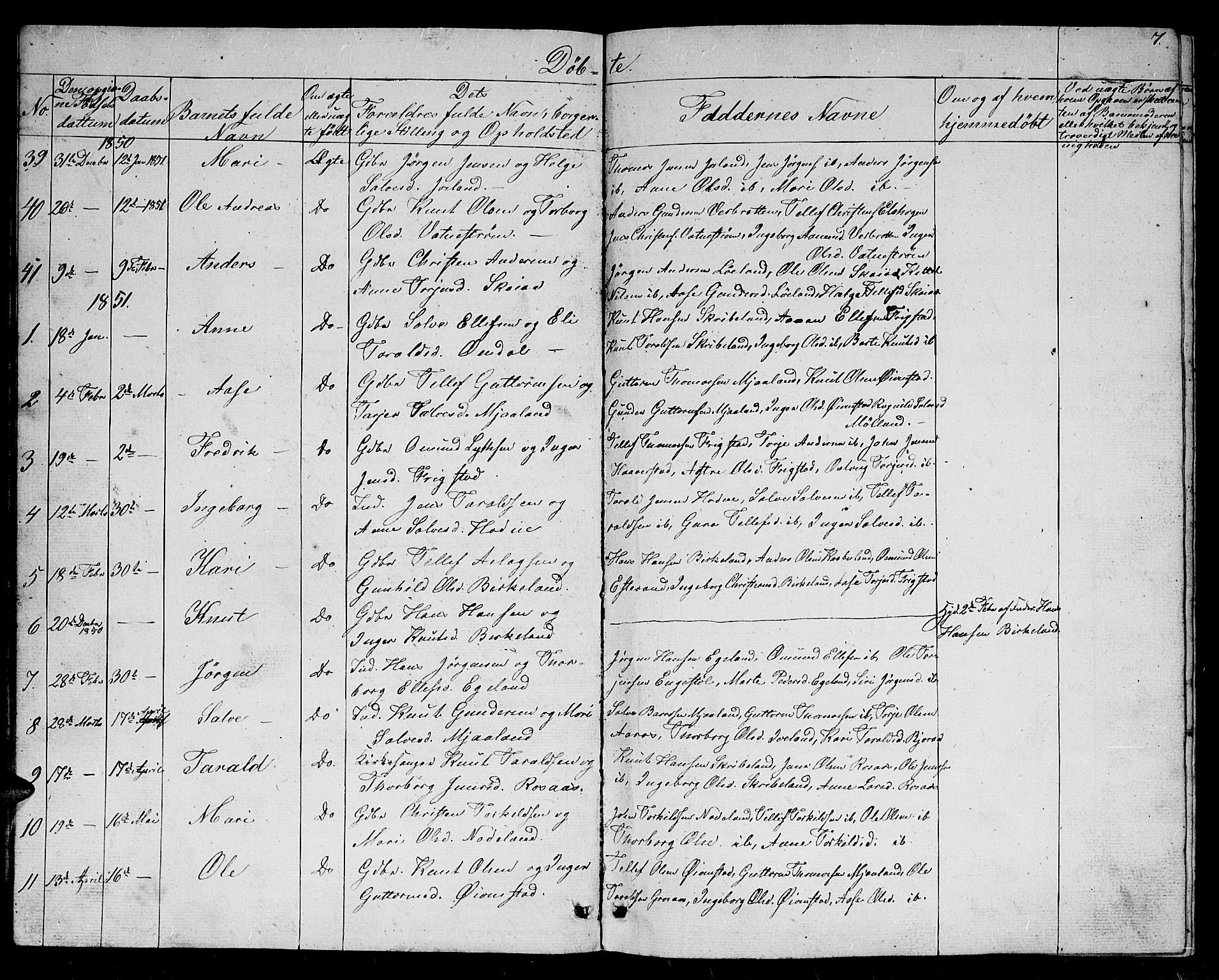 Evje sokneprestkontor, SAK/1111-0008/F/Fb/Fbc/L0002: Parish register (copy) no. B 2, 1849-1876, p. 7