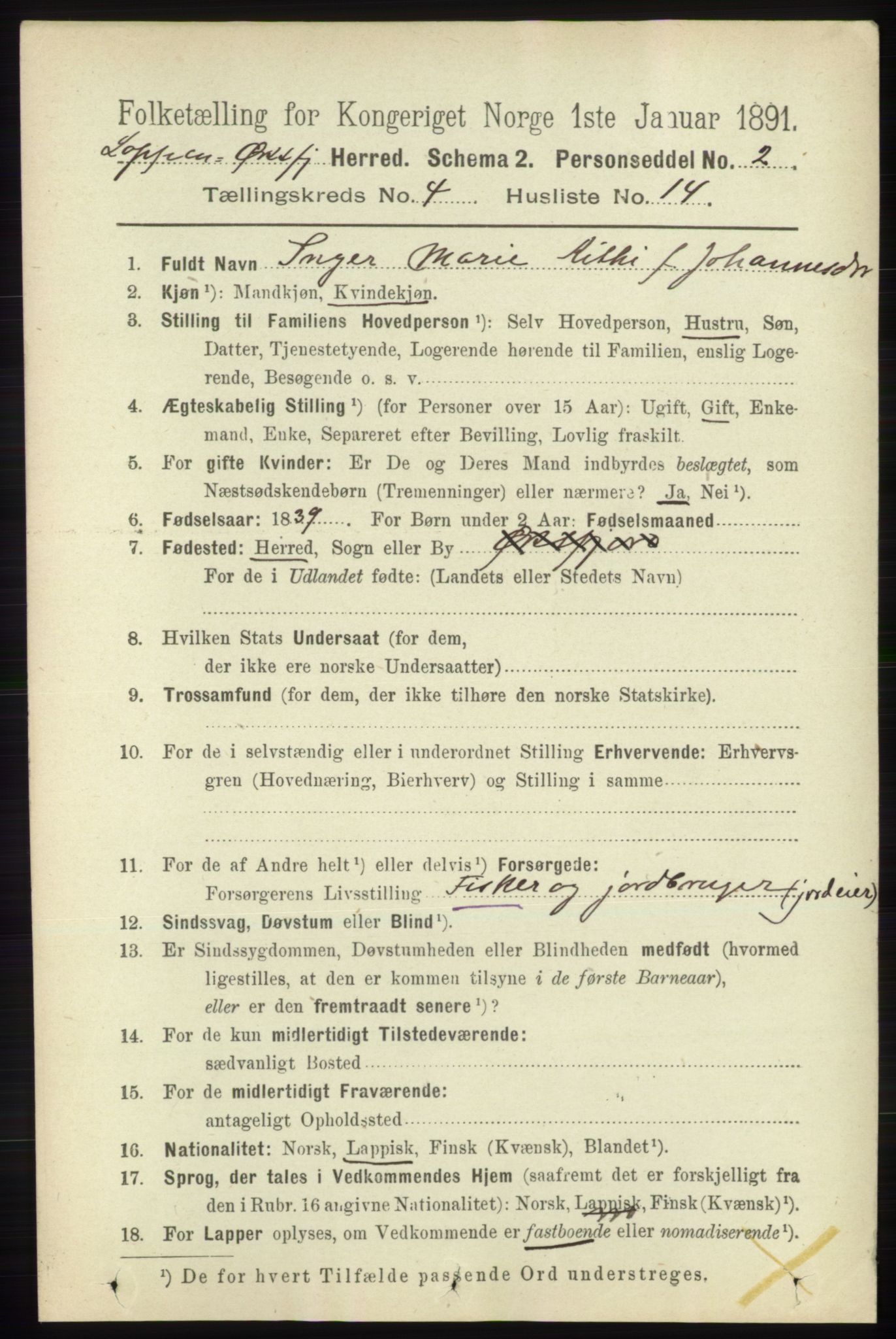 RA, 1891 census for 2014 Loppa, 1891, p. 945