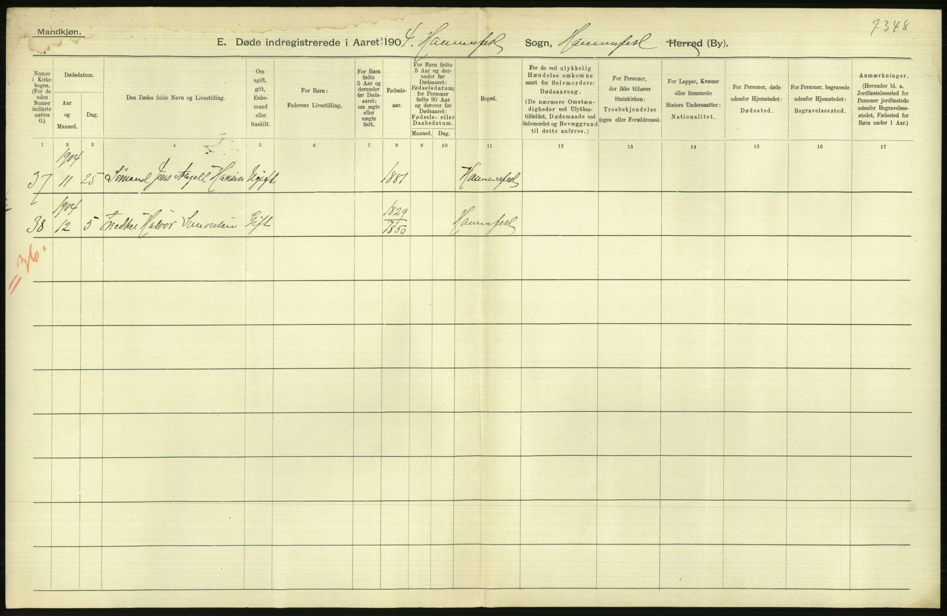 Statistisk sentralbyrå, Sosiodemografiske emner, Befolkning, AV/RA-S-2228/D/Df/Dfa/Dfab/L0023: Finnmarkens amt: Fødte, gifte, døde, 1904, p. 298