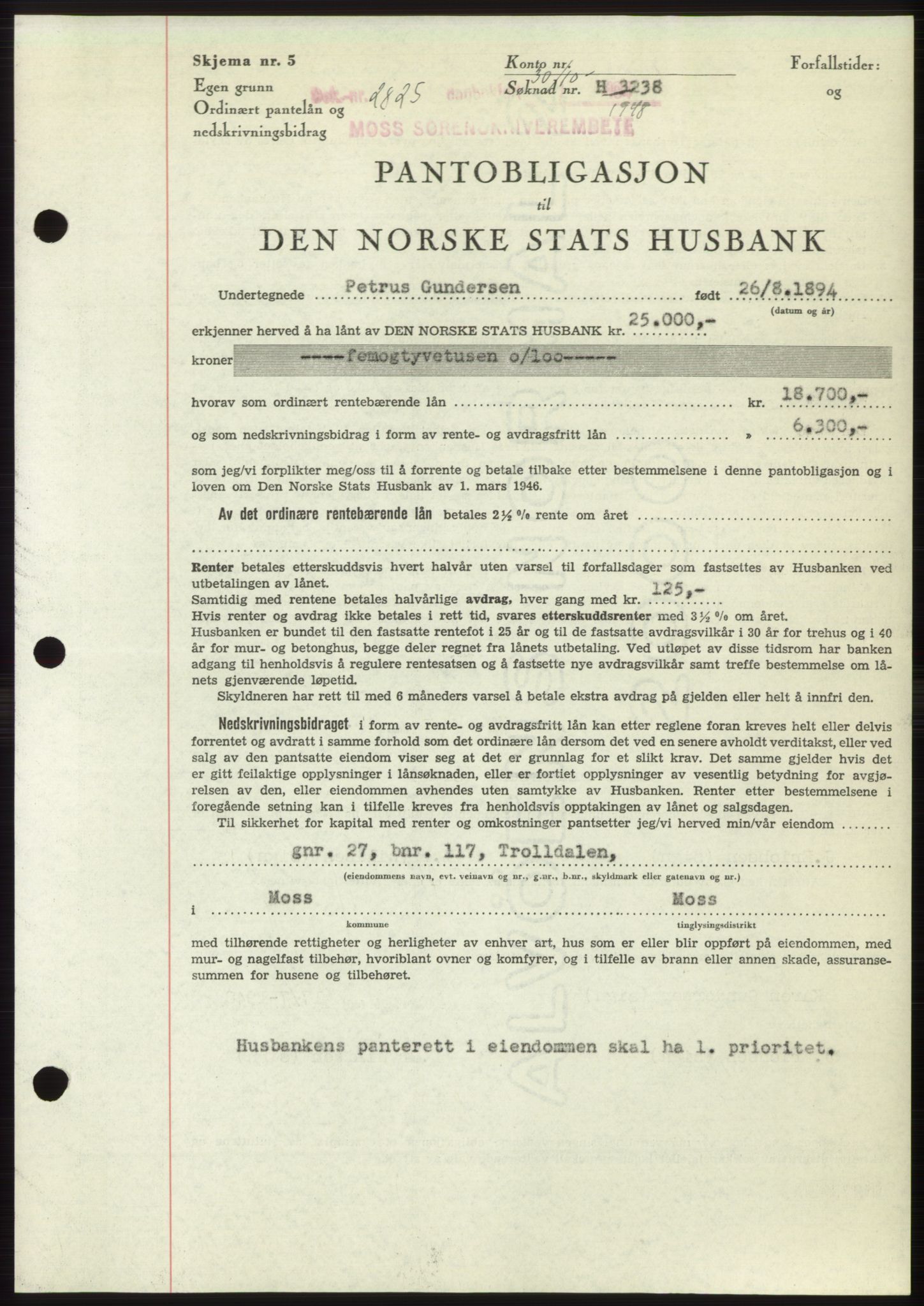 Moss sorenskriveri, AV/SAO-A-10168: Mortgage book no. B20, 1948-1948, Diary no: : 2825/1948