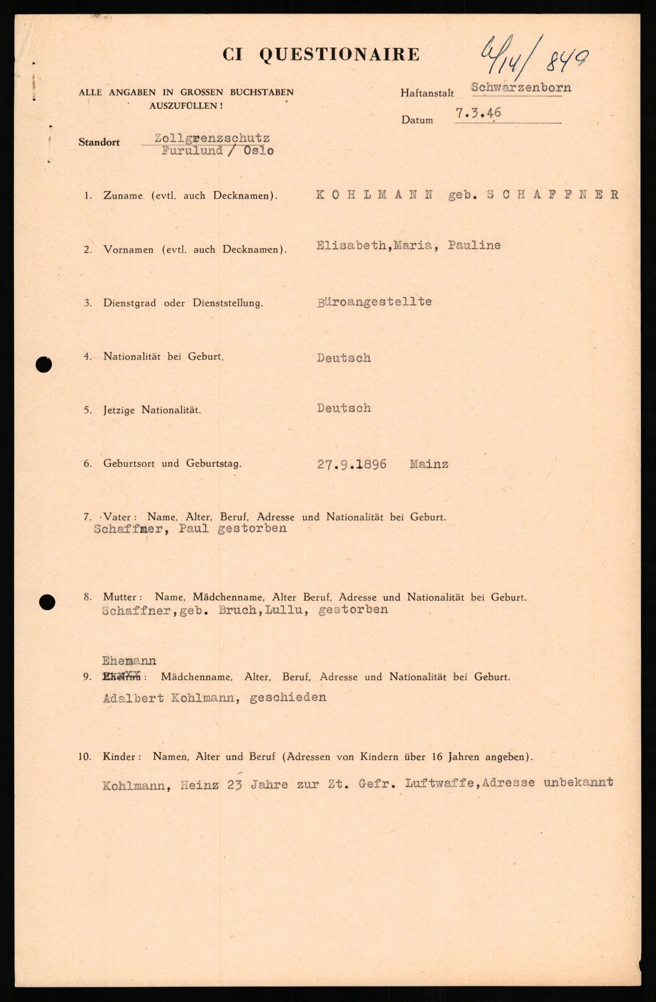 Forsvaret, Forsvarets overkommando II, RA/RAFA-3915/D/Db/L0017: CI Questionaires. Tyske okkupasjonsstyrker i Norge. Tyskere., 1945-1946, p. 439