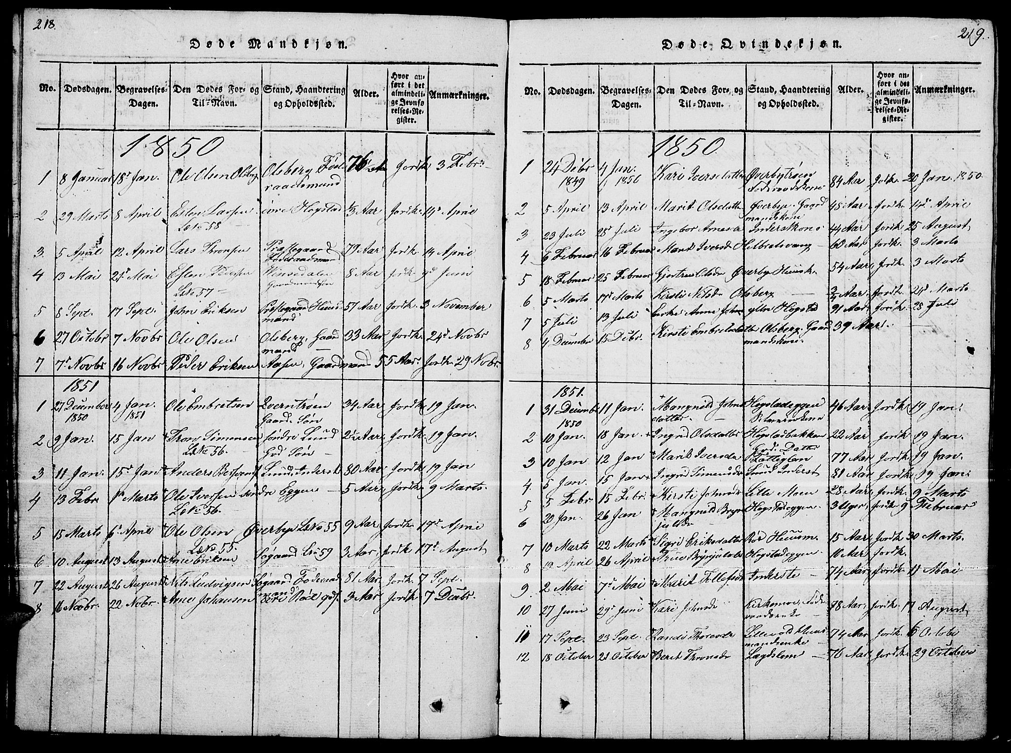 Tynset prestekontor, SAH/PREST-058/H/Ha/Hab/L0004: Parish register (copy) no. 4, 1814-1879, p. 218-219