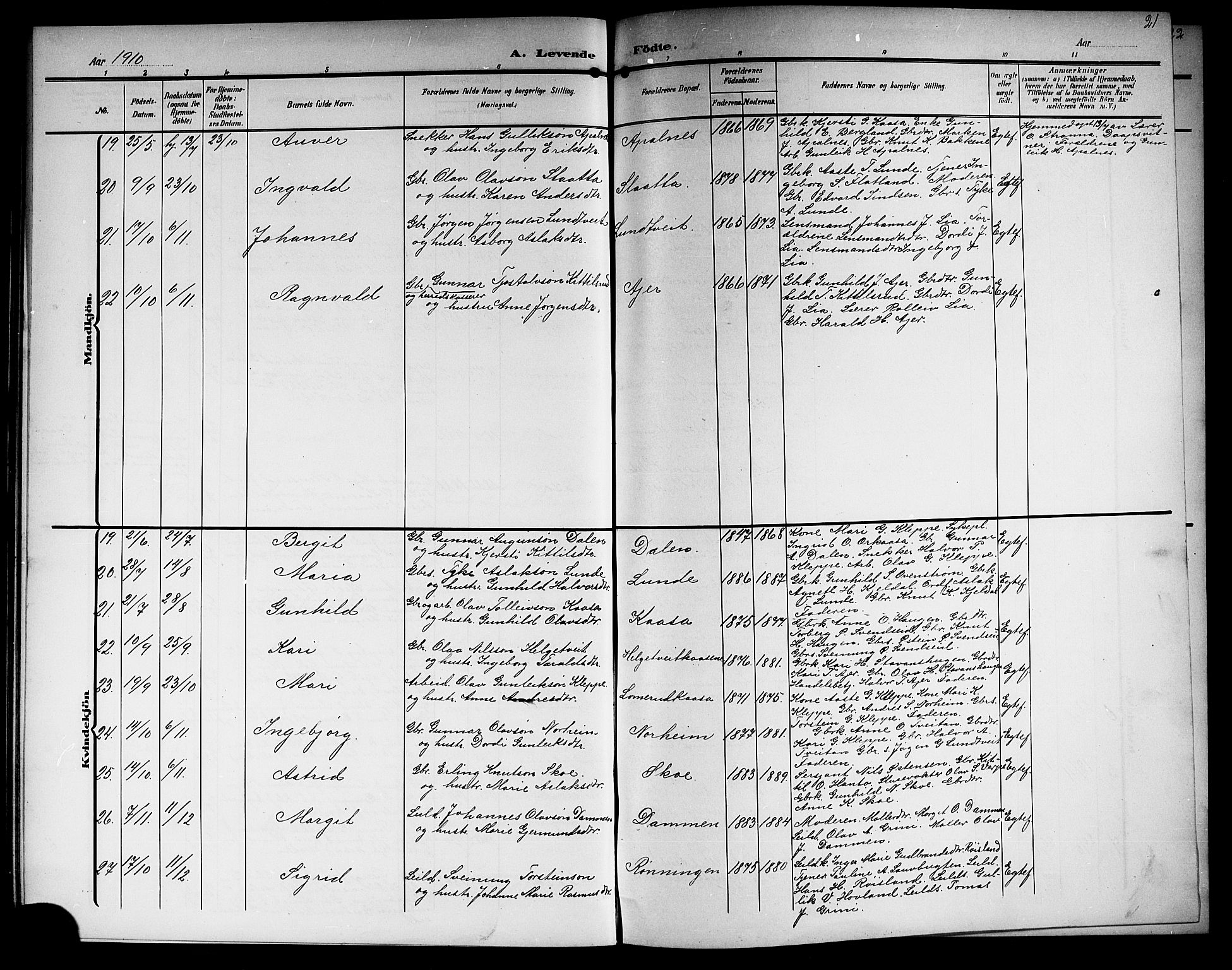 Lunde kirkebøker, SAKO/A-282/G/Ga/L0004: Parish register (copy) no. I 4, 1906-1914, p. 21