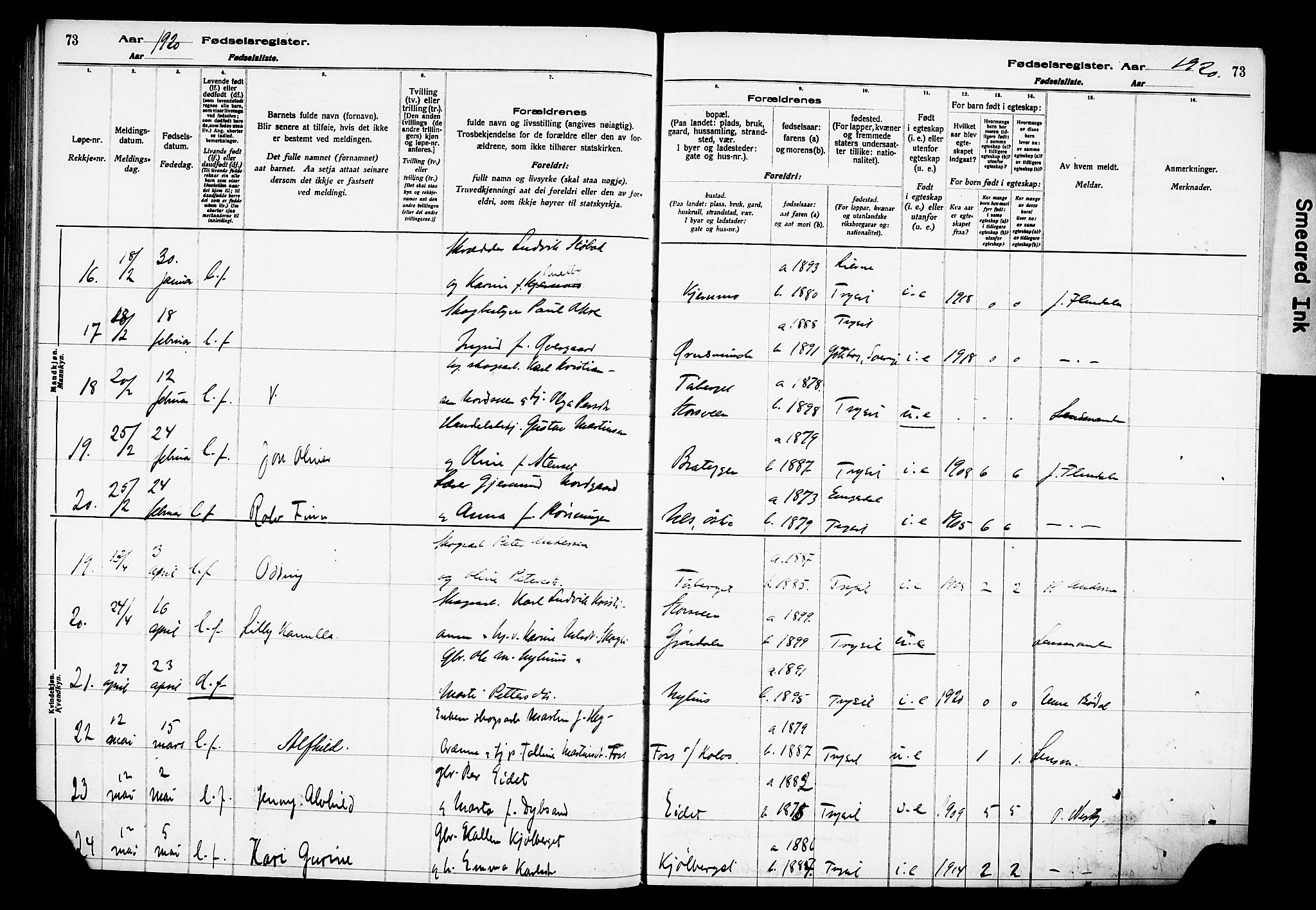 Trysil prestekontor, AV/SAH-PREST-046/I/Id/Ida/L0001: Birth register no. I 1, 1916-1927, p. 73