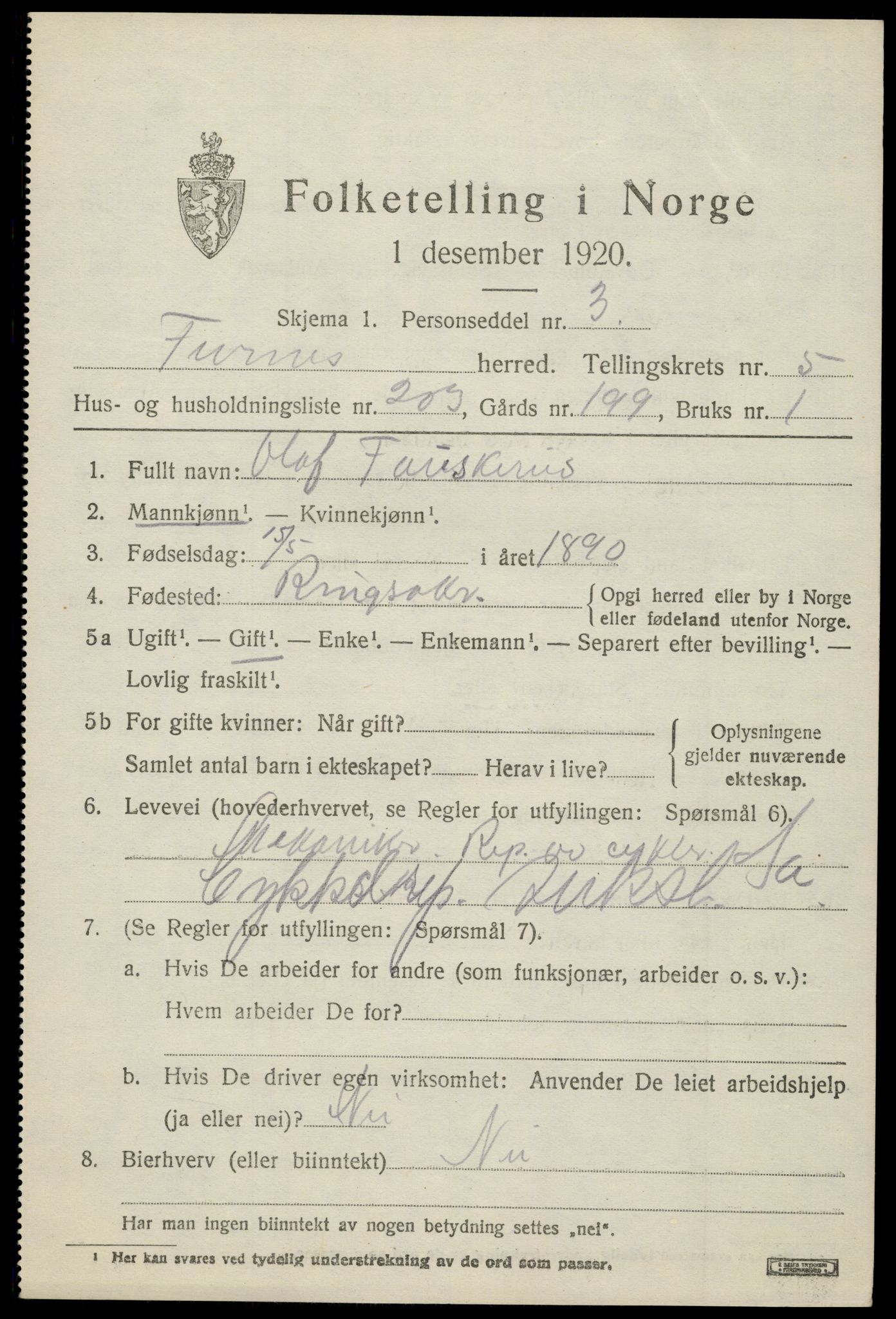 SAH, 1920 census for Furnes, 1920, p. 9607