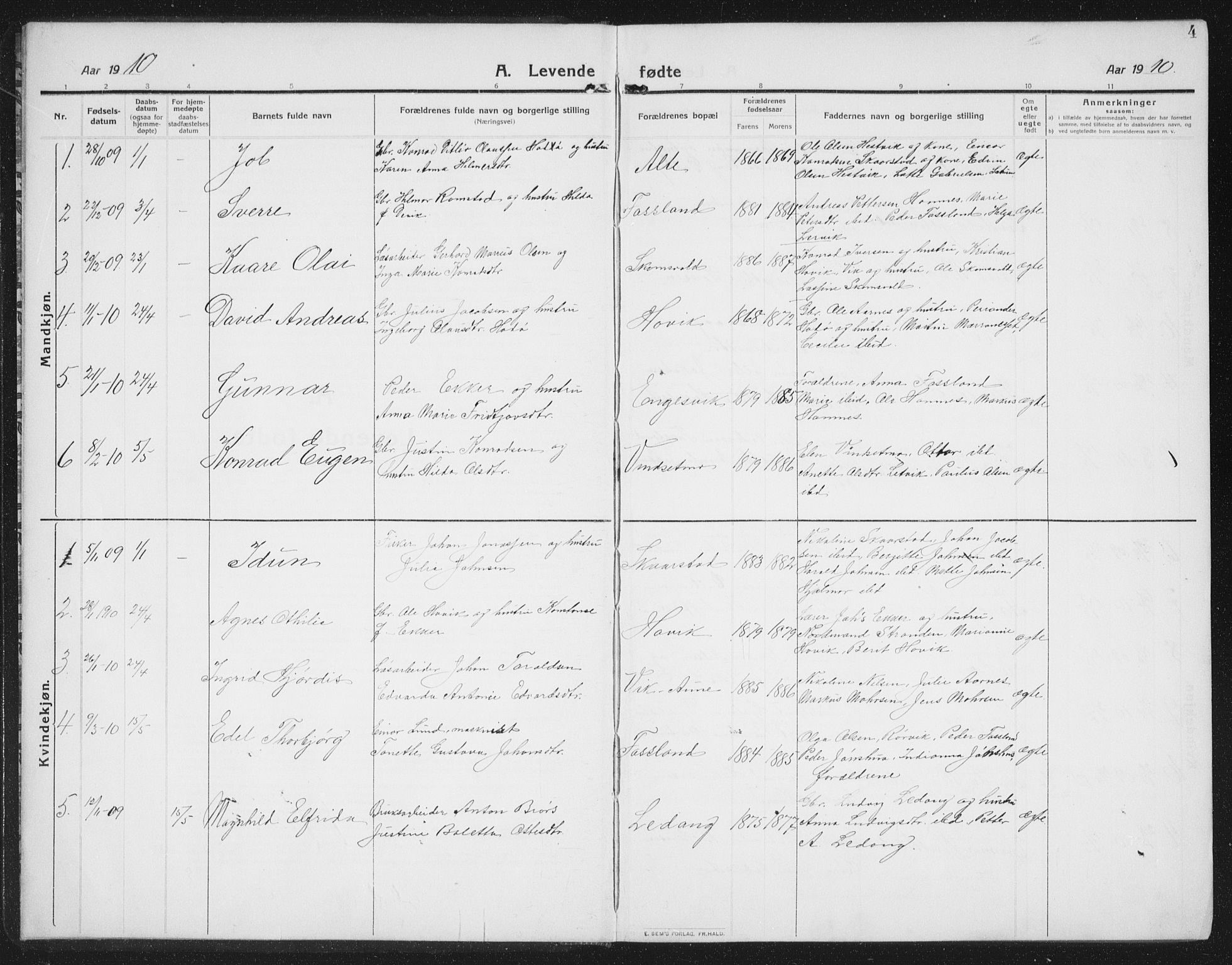 Ministerialprotokoller, klokkerbøker og fødselsregistre - Nord-Trøndelag, SAT/A-1458/774/L0630: Parish register (copy) no. 774C01, 1910-1934, p. 4