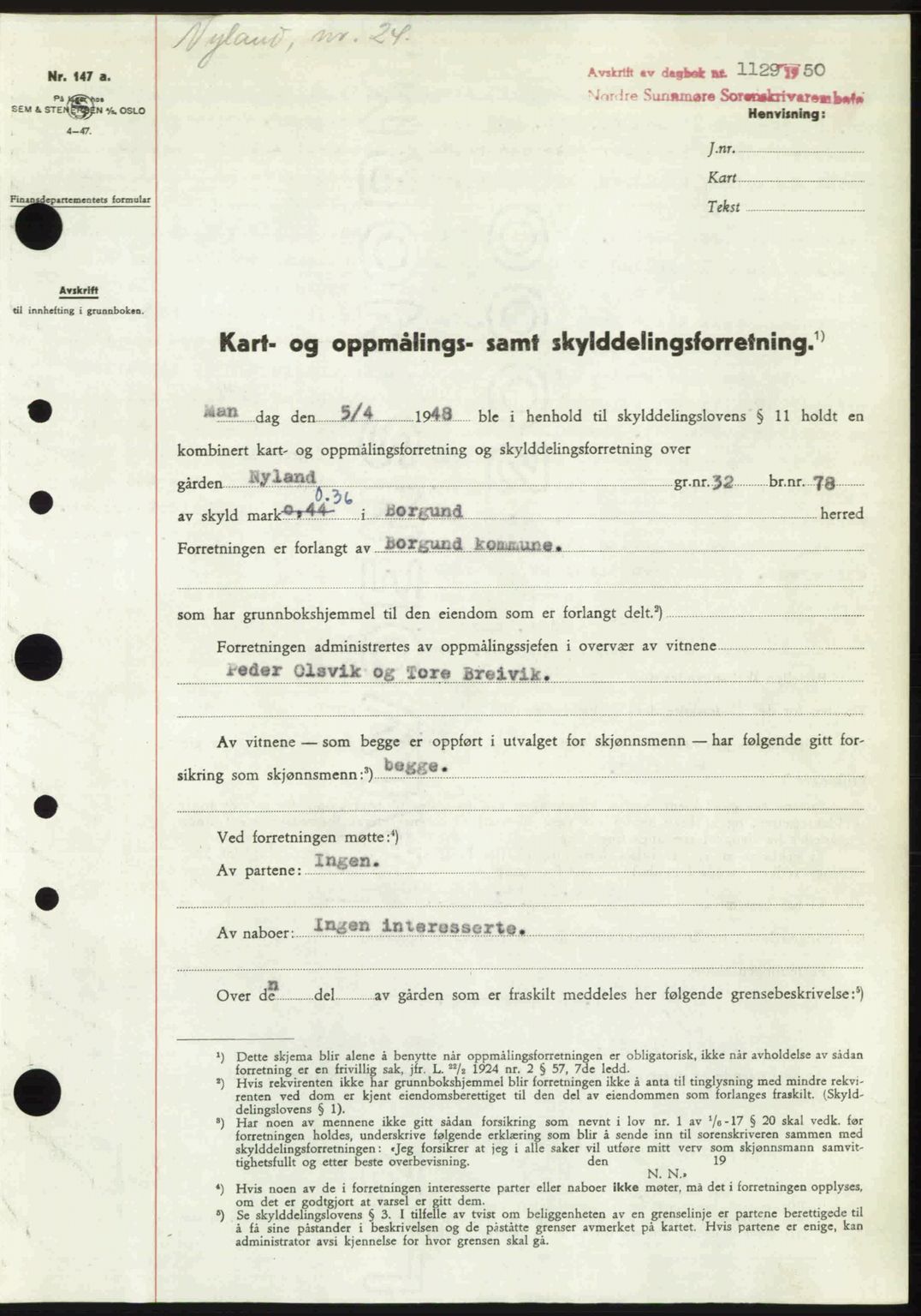 Nordre Sunnmøre sorenskriveri, AV/SAT-A-0006/1/2/2C/2Ca: Mortgage book no. A34, 1950-1950, Diary no: : 1129/1950