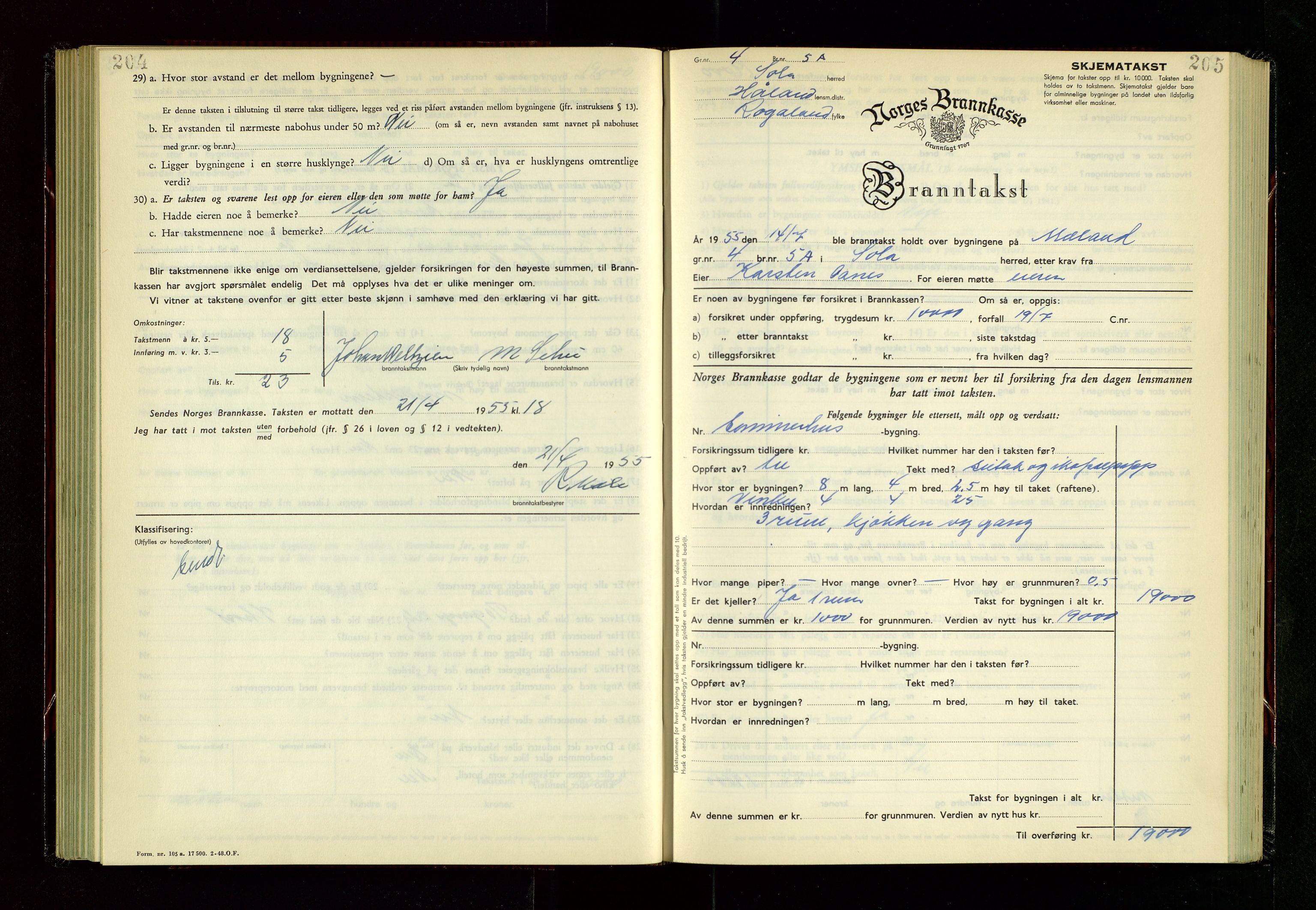 Håland lensmannskontor, AV/SAST-A-100100/Gob/L0014: "Branntakstprotokoll" - skjematakst, 1951-1955, p. 204-205