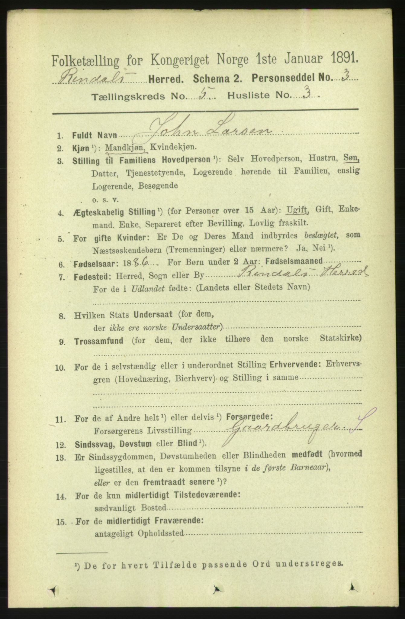 RA, 1891 census for 1567 Rindal, 1891, p. 1609