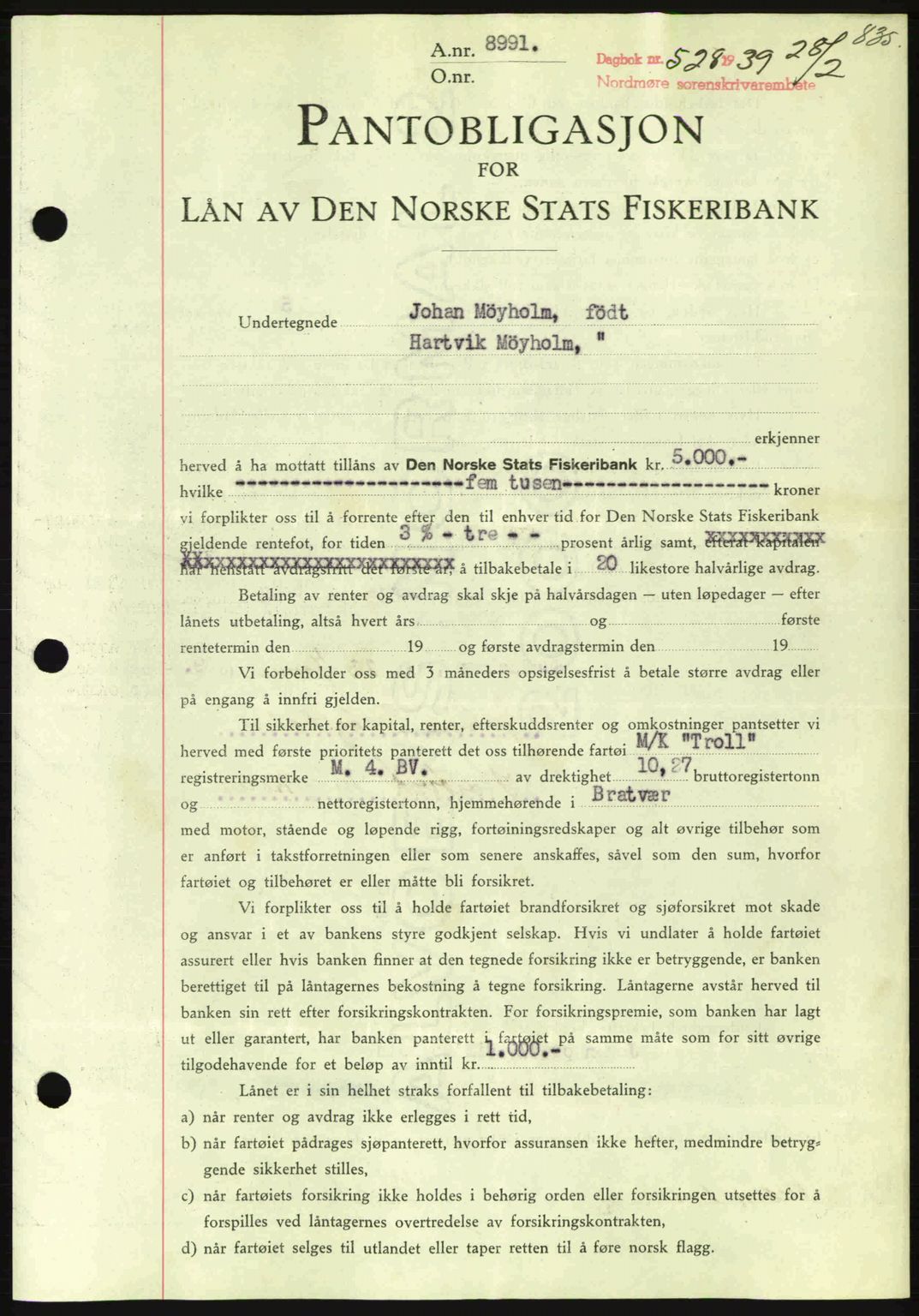 Nordmøre sorenskriveri, AV/SAT-A-4132/1/2/2Ca: Mortgage book no. B84, 1938-1939, Diary no: : 528/1939