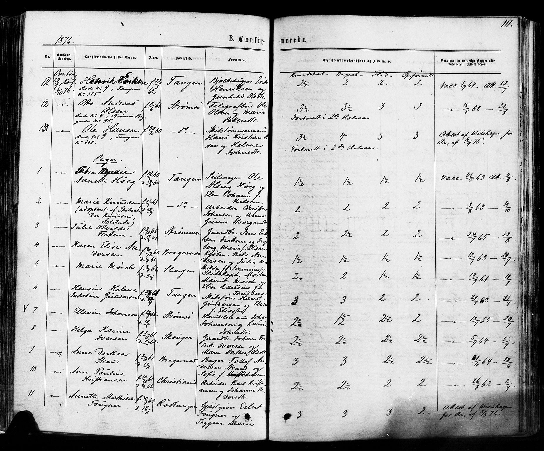 Strømsø kirkebøker, SAKO/A-246/F/Fa/L0018: Parish register (official) no. I 18, 1865-1878, p. 111