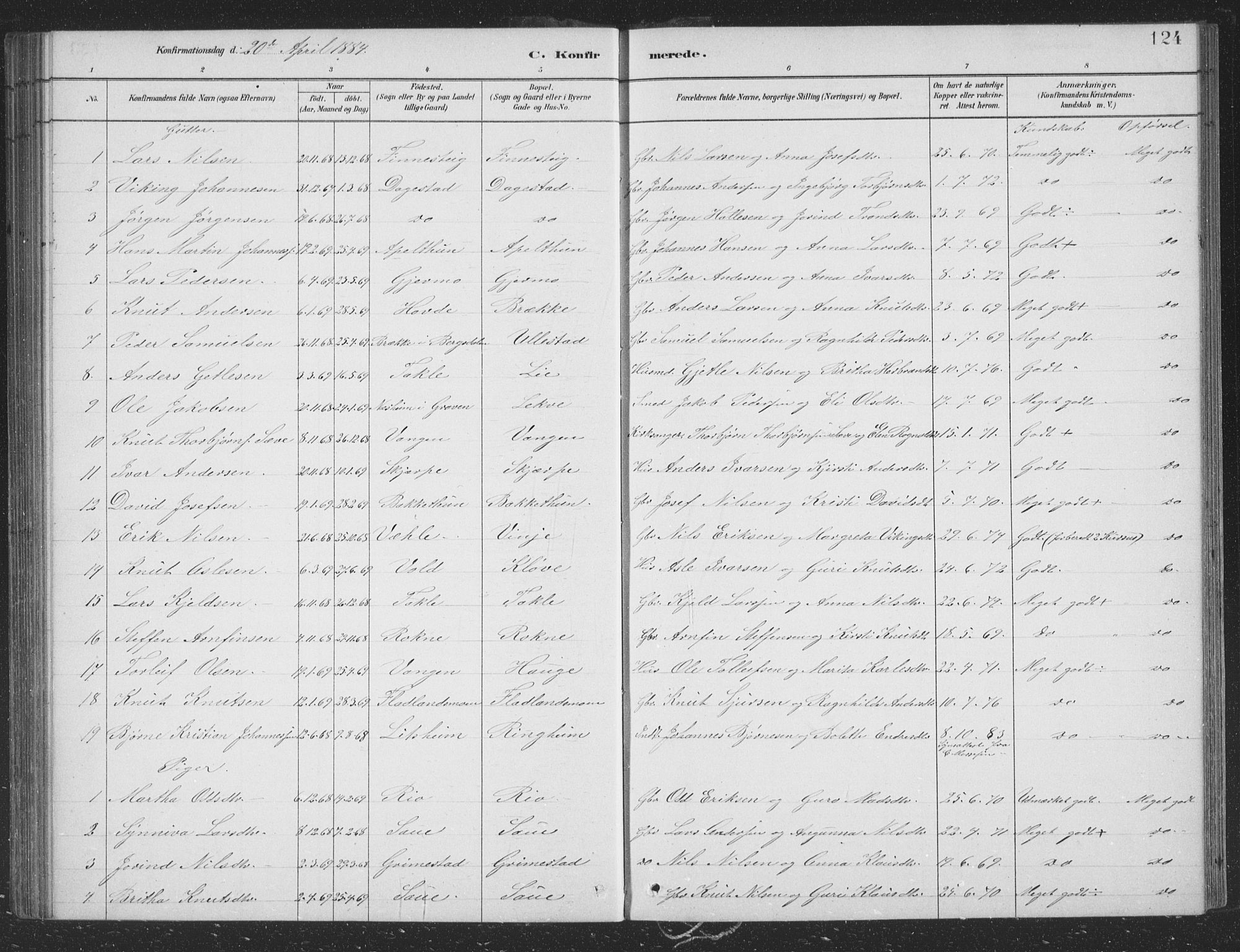 Voss sokneprestembete, SAB/A-79001/H/Hab: Parish register (copy) no. B 3, 1879-1894, p. 124