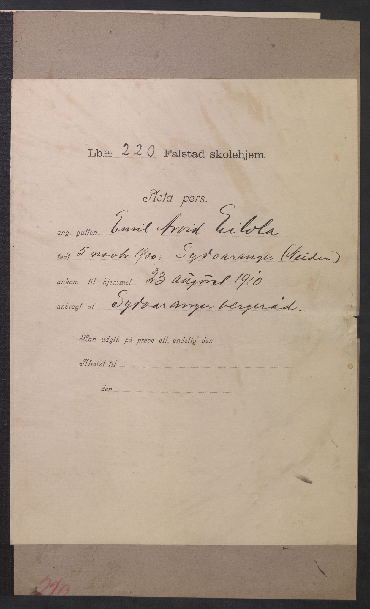 Falstad skolehjem, AV/RA-S-1676/E/Eb/L0010: Elevmapper løpenr. 210-239, 1910-1917, p. 178