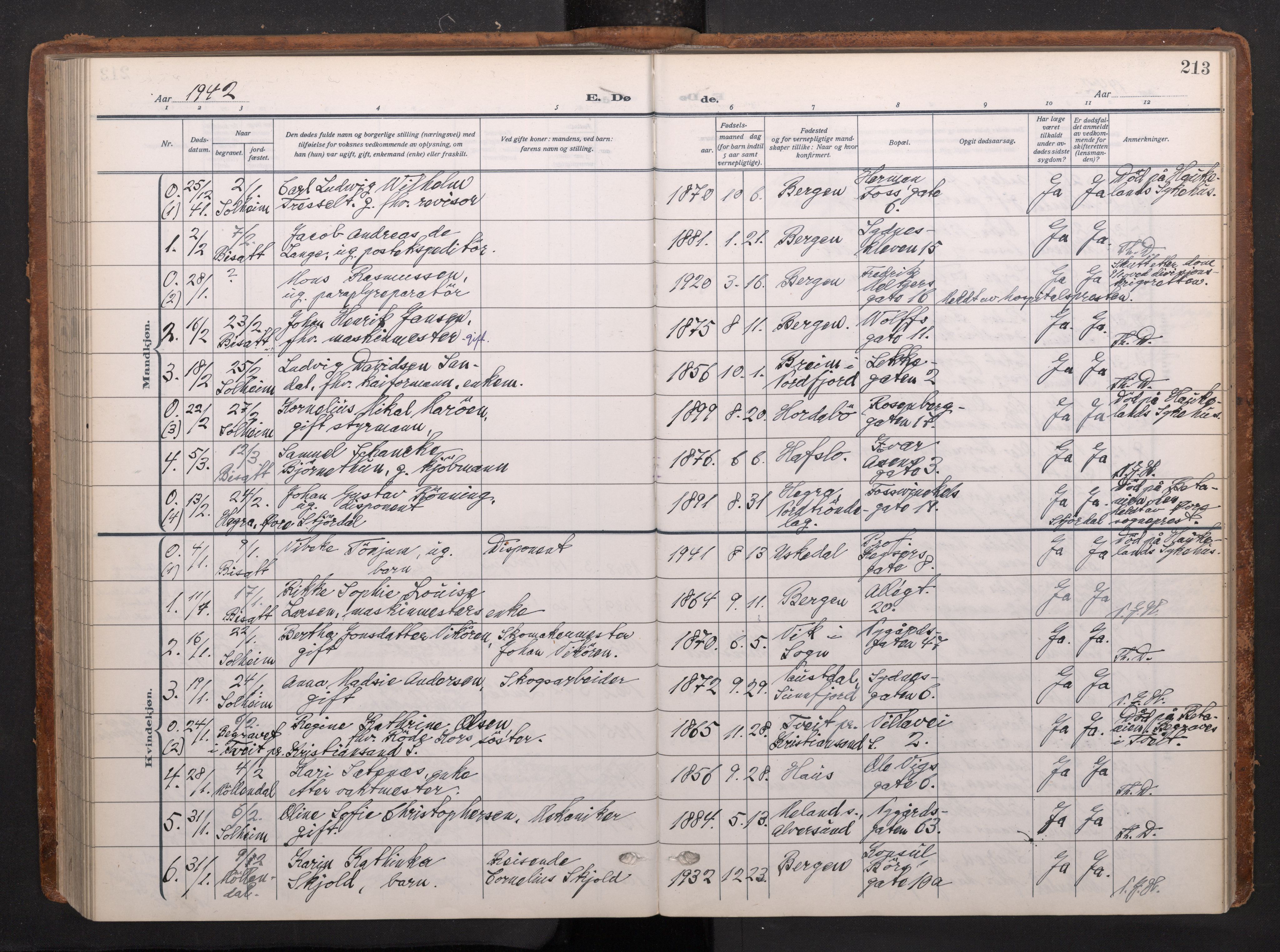 Johanneskirken sokneprestembete, AV/SAB-A-76001/H/Haa/L0020: Parish register (official) no. E 2, 1916-1951, p. 213